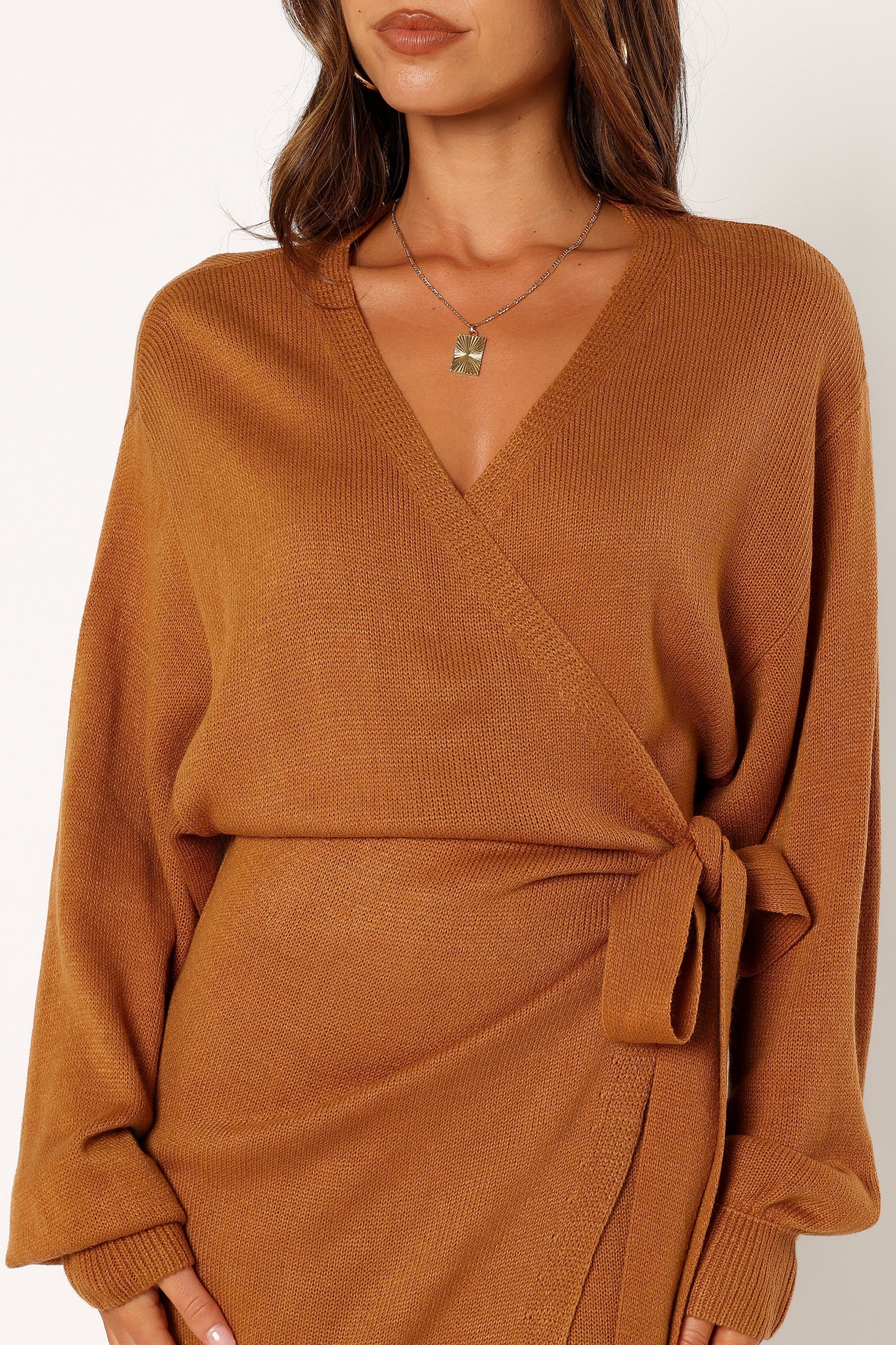 Nova Wrap Knit Midi Dress Camel