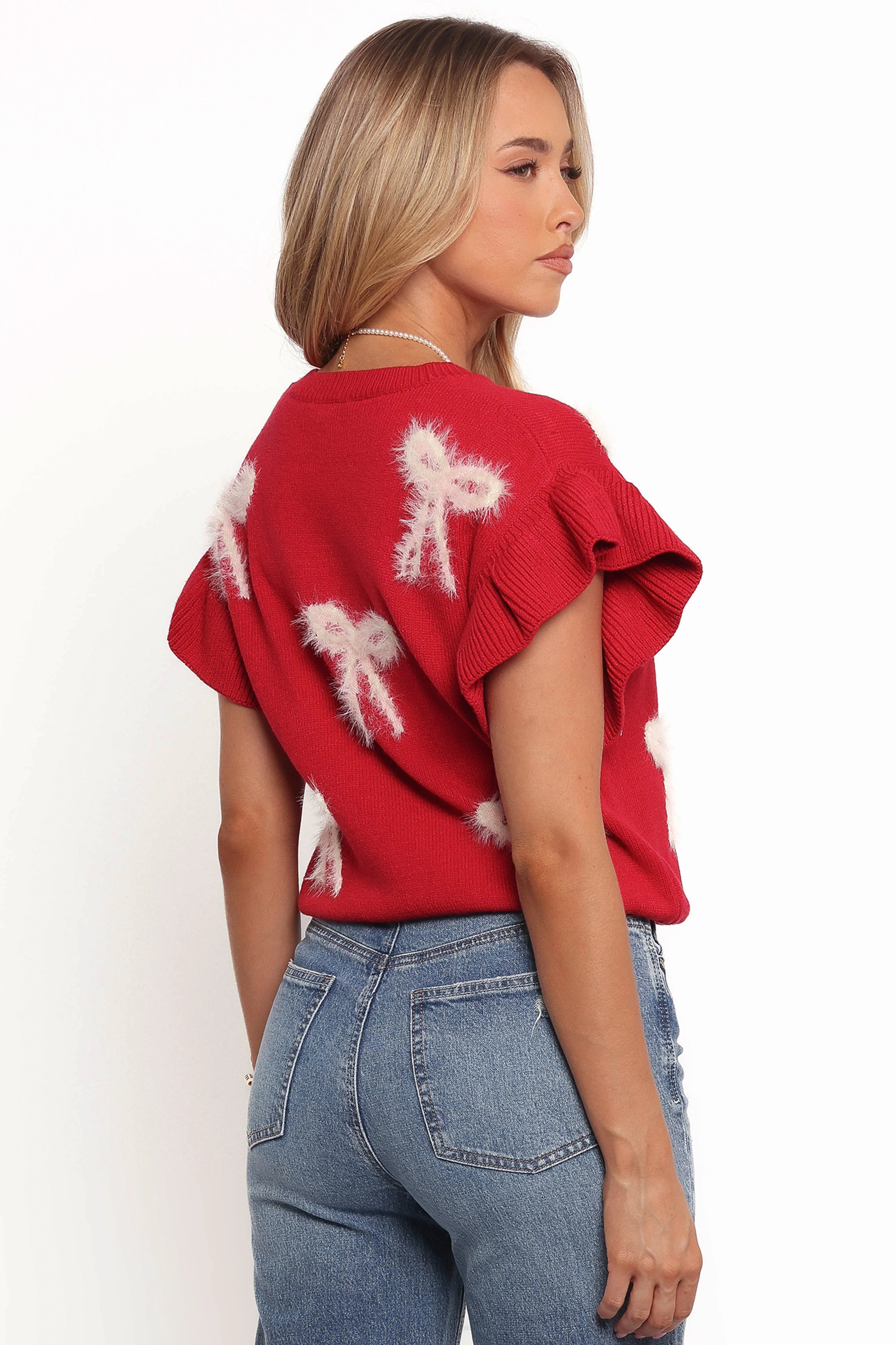 Cherish Ruffle Sleeve Bow Knit Sweater Red
