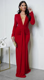 Leilani Metallic Ruched Deep V Maxi Dress Red