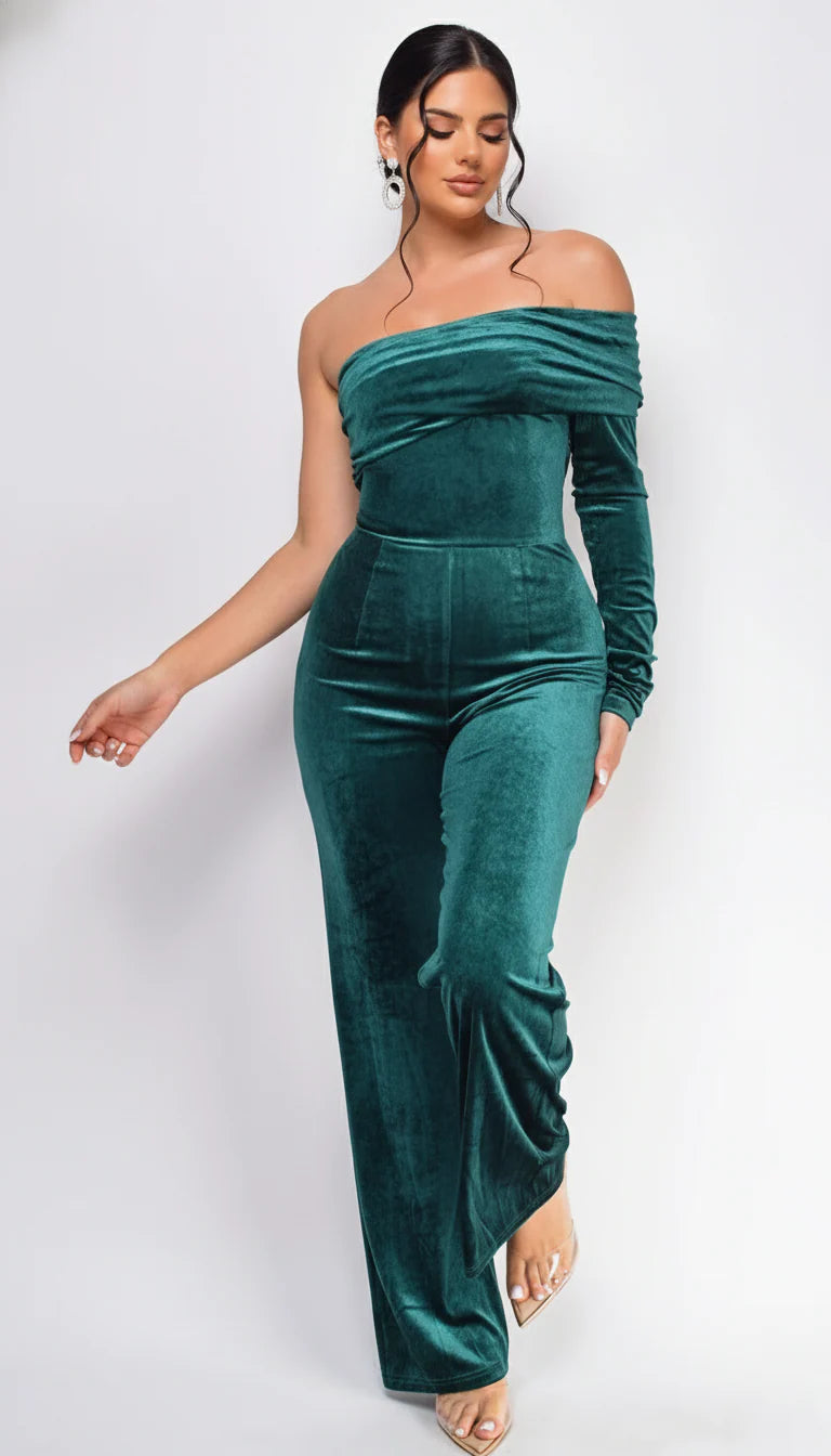 Nightfall One Shoulder Velvet Jumpsuit Green
