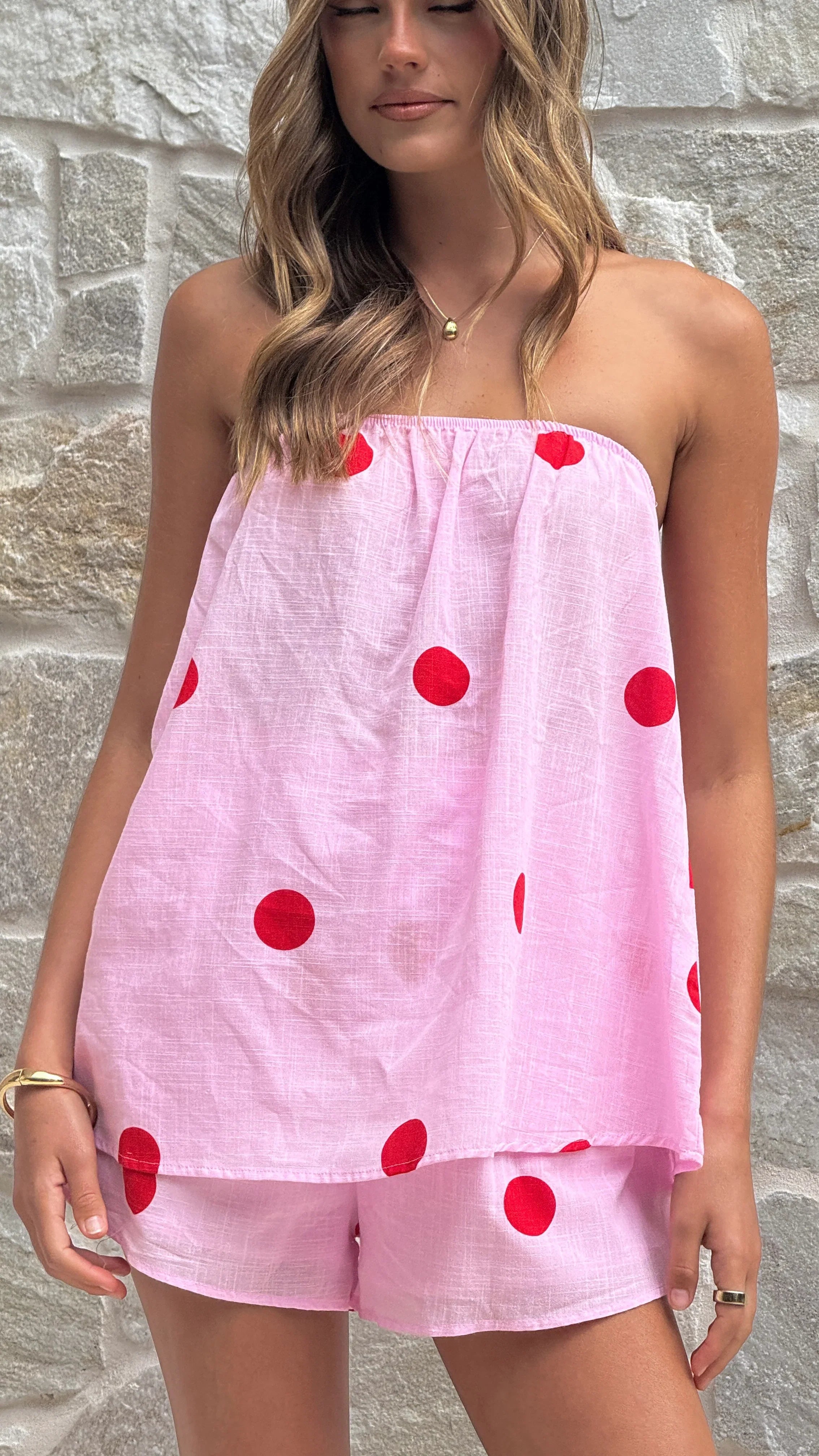 Calliope Strapless Top and Shorts Set Pink Red Polka