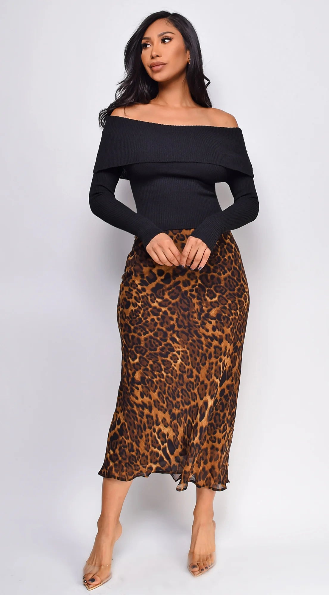Zofia Leopard Print Midi Skirt Brown