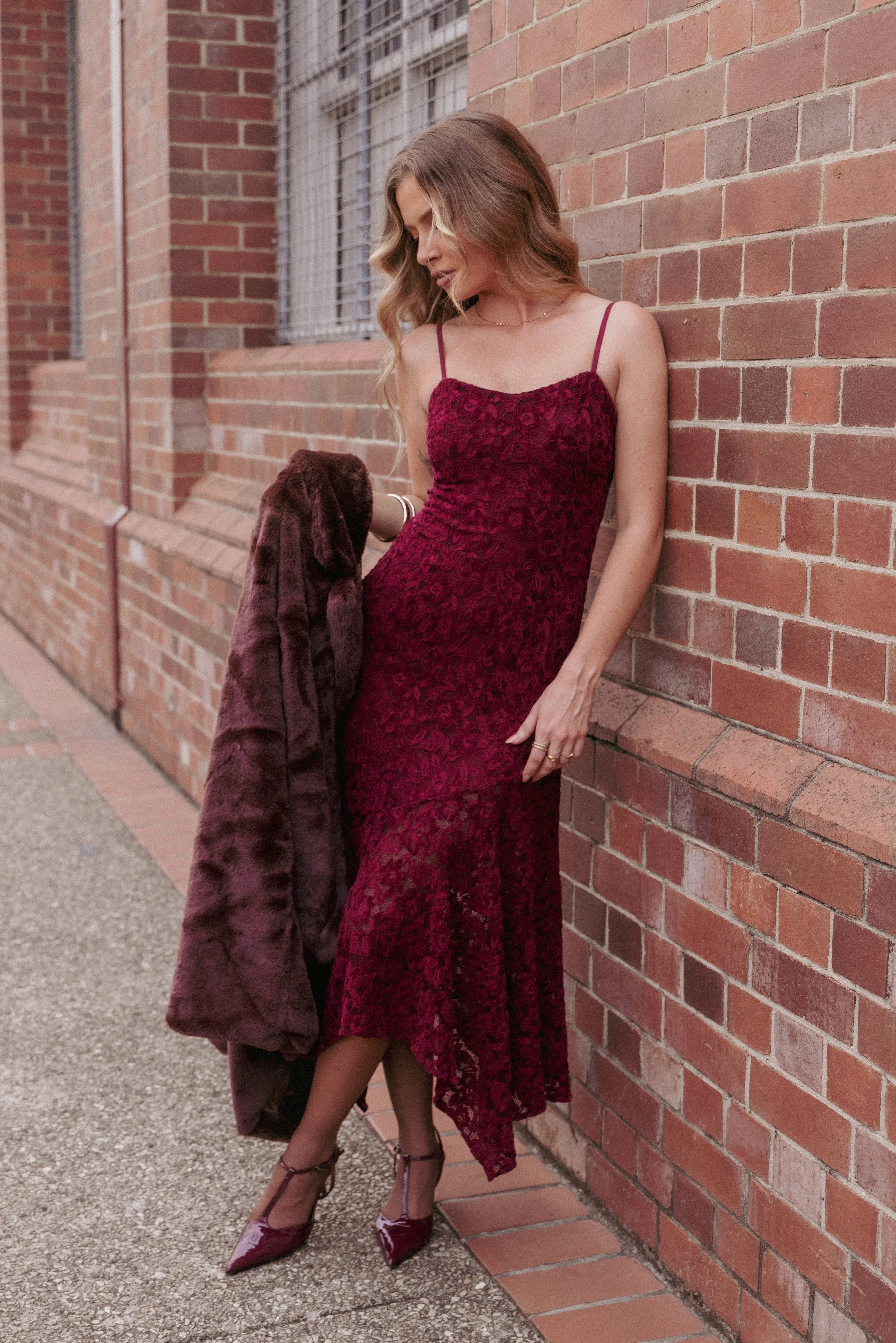 Lorde Midi Dress Burgundy Lace