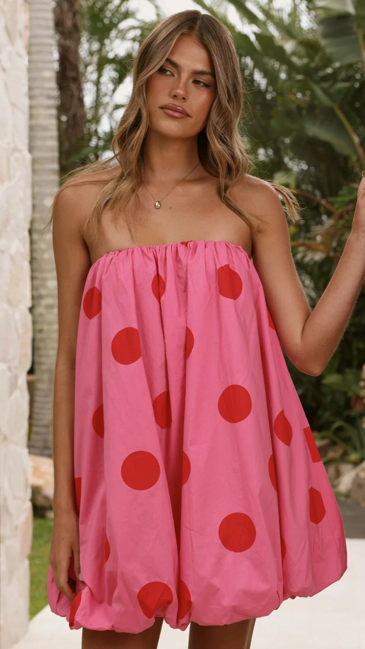 Everly Strapless Mini Dress Pink Red Polka