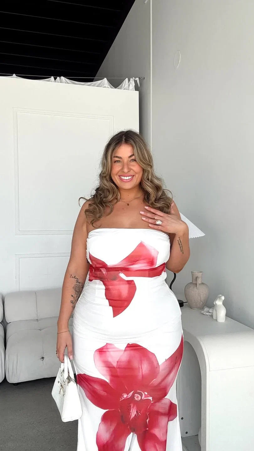 Brittani Strapless Maxi Dress White Red