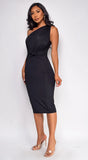 Nat One Shoulder Front Knot Midi Dress Black