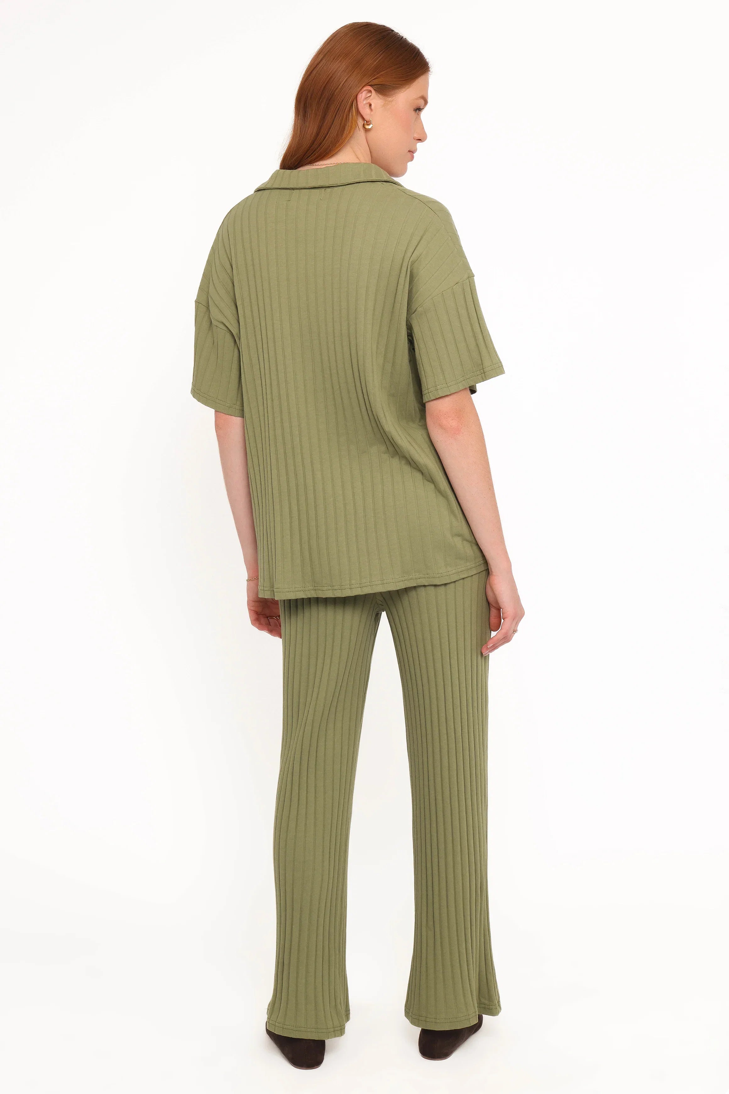 Phillipa Wide Ribbed Shirt Set Olive