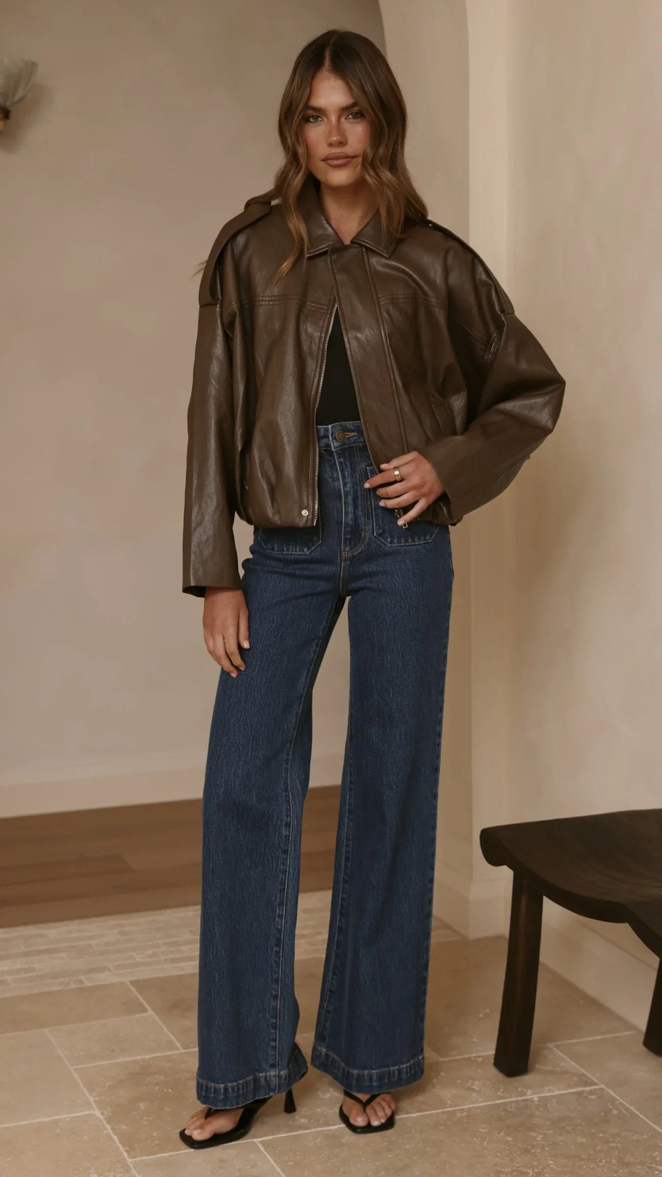 Leela Vegan Leather Bomber Jacket Brown