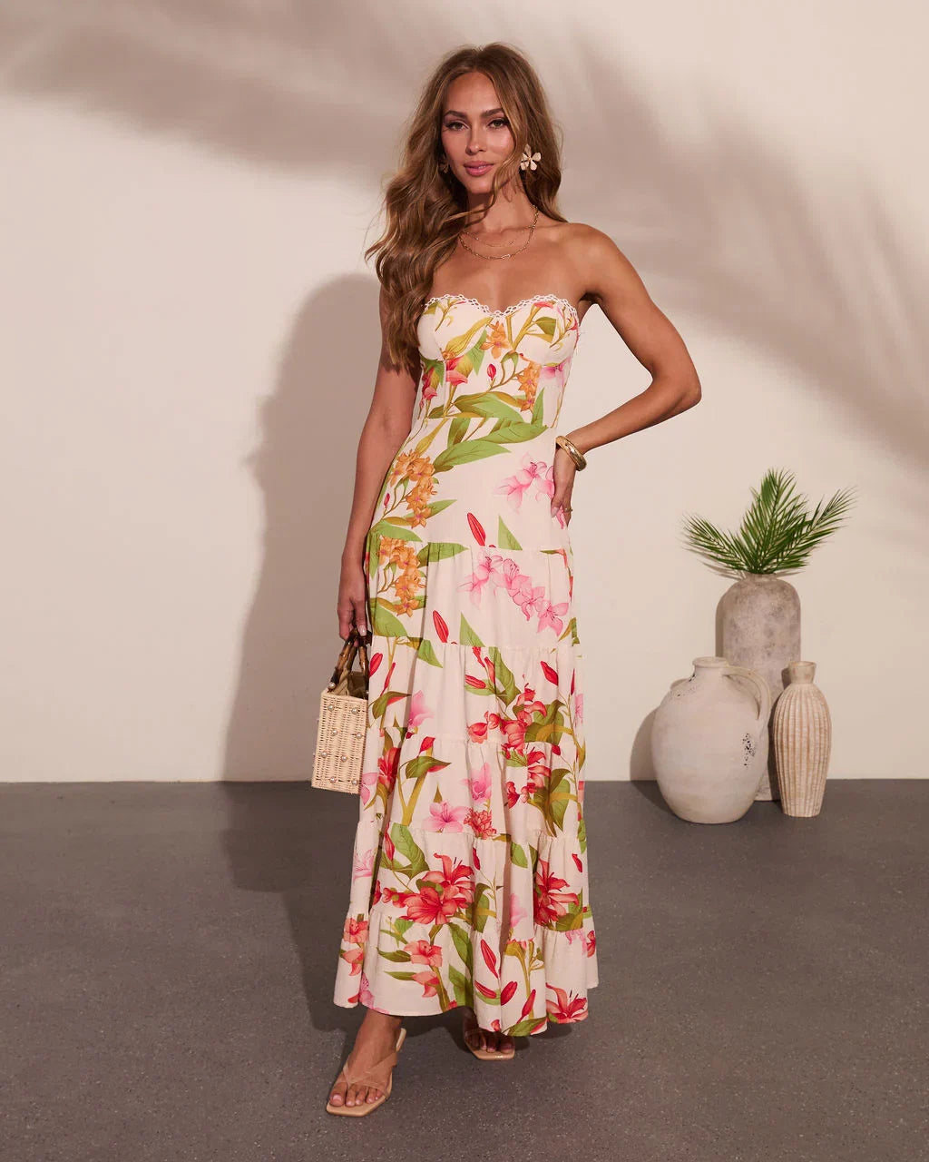 Tropic Mood Strapless Floral Print Maxi Dress