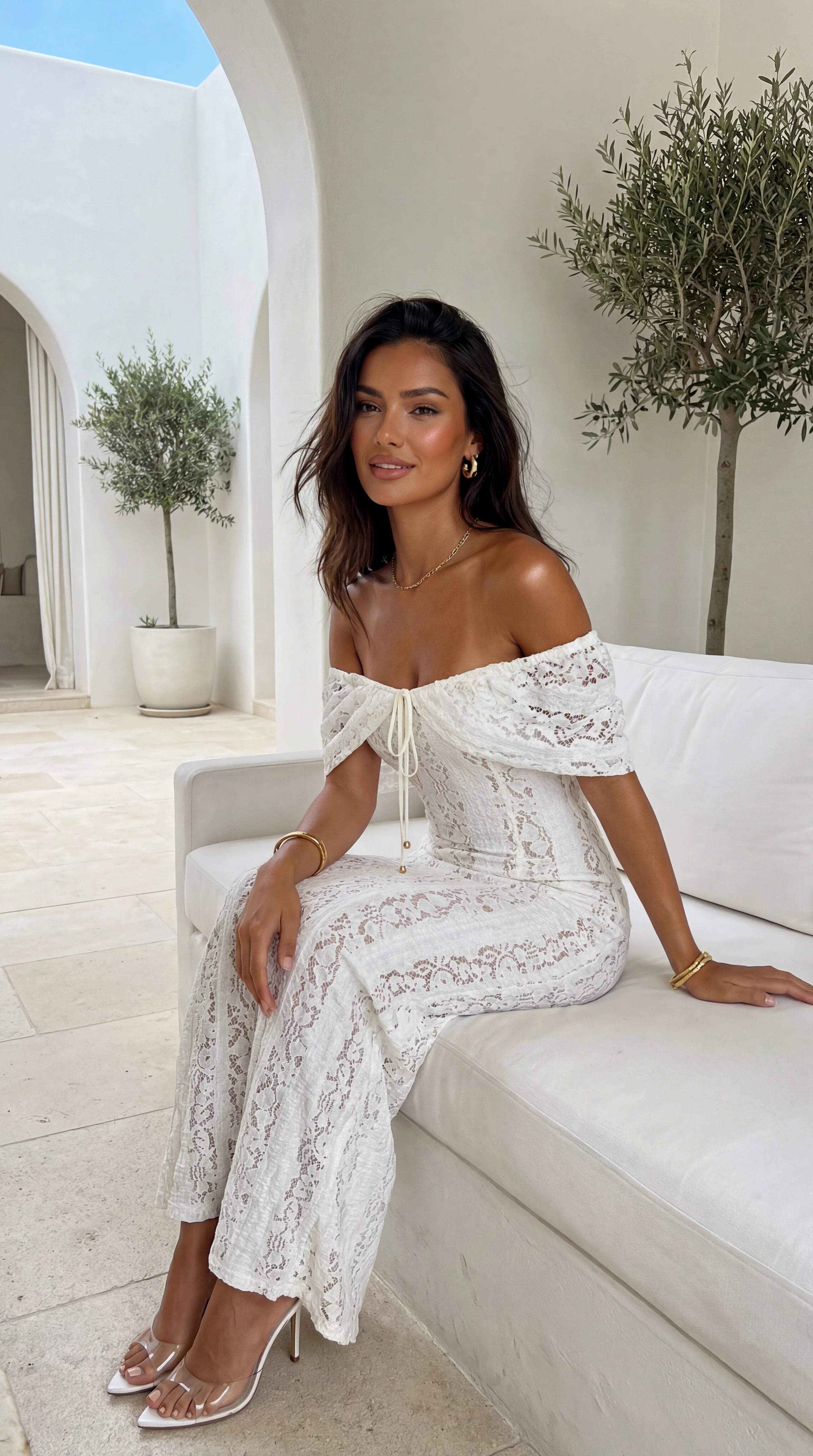 Lunessa Lace Off Shoulder Maxi Dress Cream White