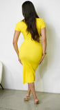 Keyara Button Detail Ribbed Slit Midi Dress Yellow