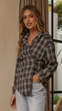 Valia Asymmetrical Button Up Shirt Blue Brown Plaid