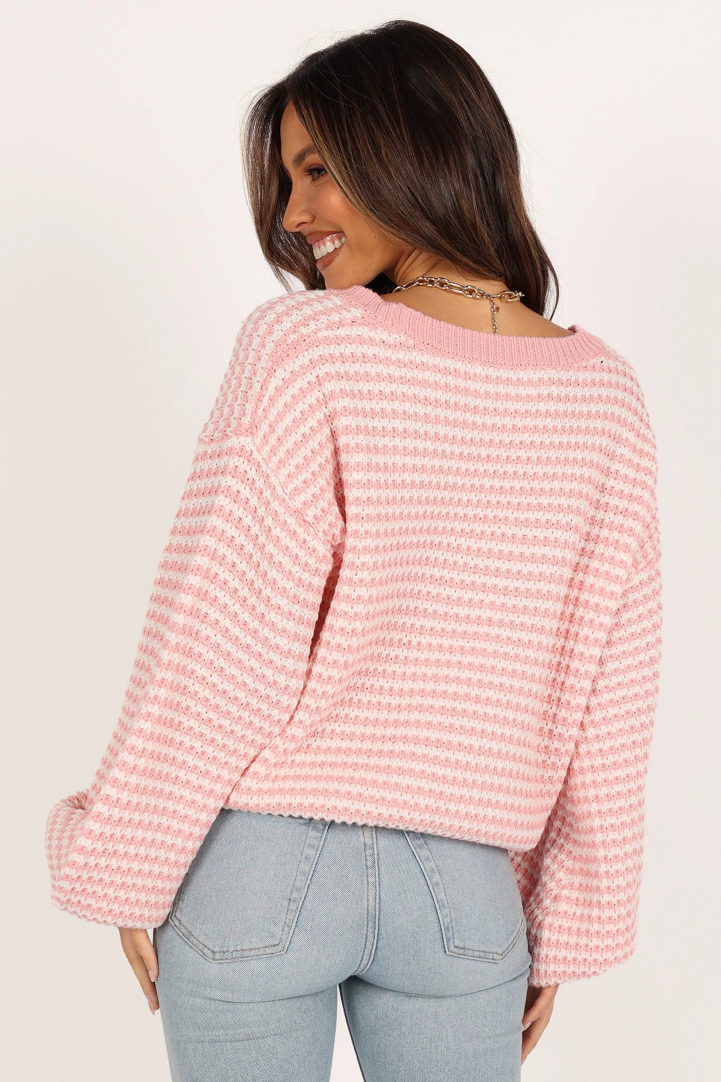 Becca Crewneck Waffle Stitch Stripe Knit Sweater Pink