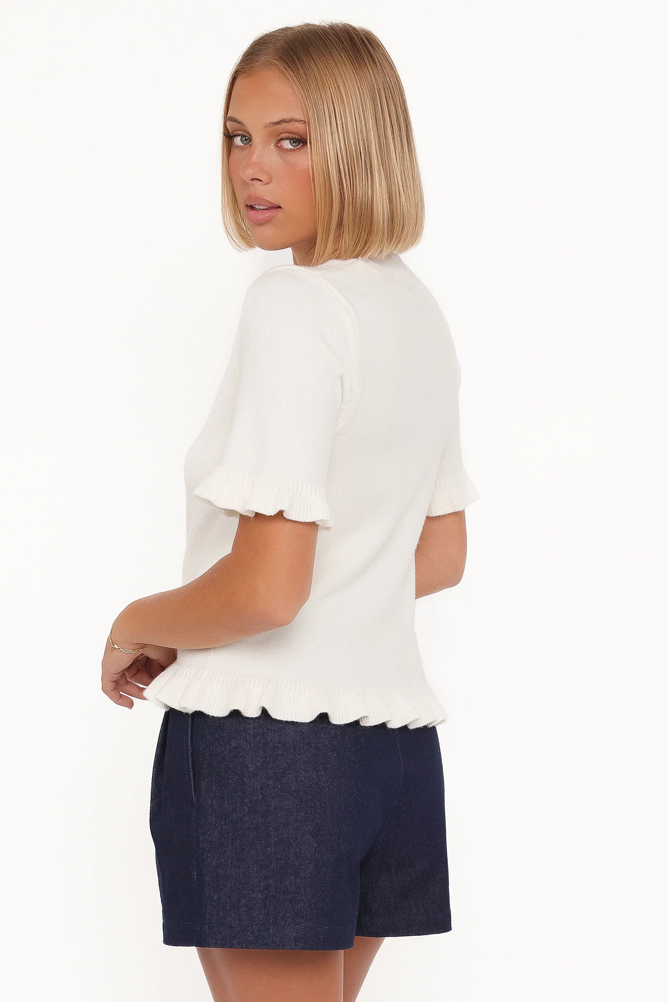 Emilie Short Sleeve Ruffle Crew Sweater Cream