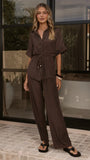Velice Tie Top and Pants Set Brown