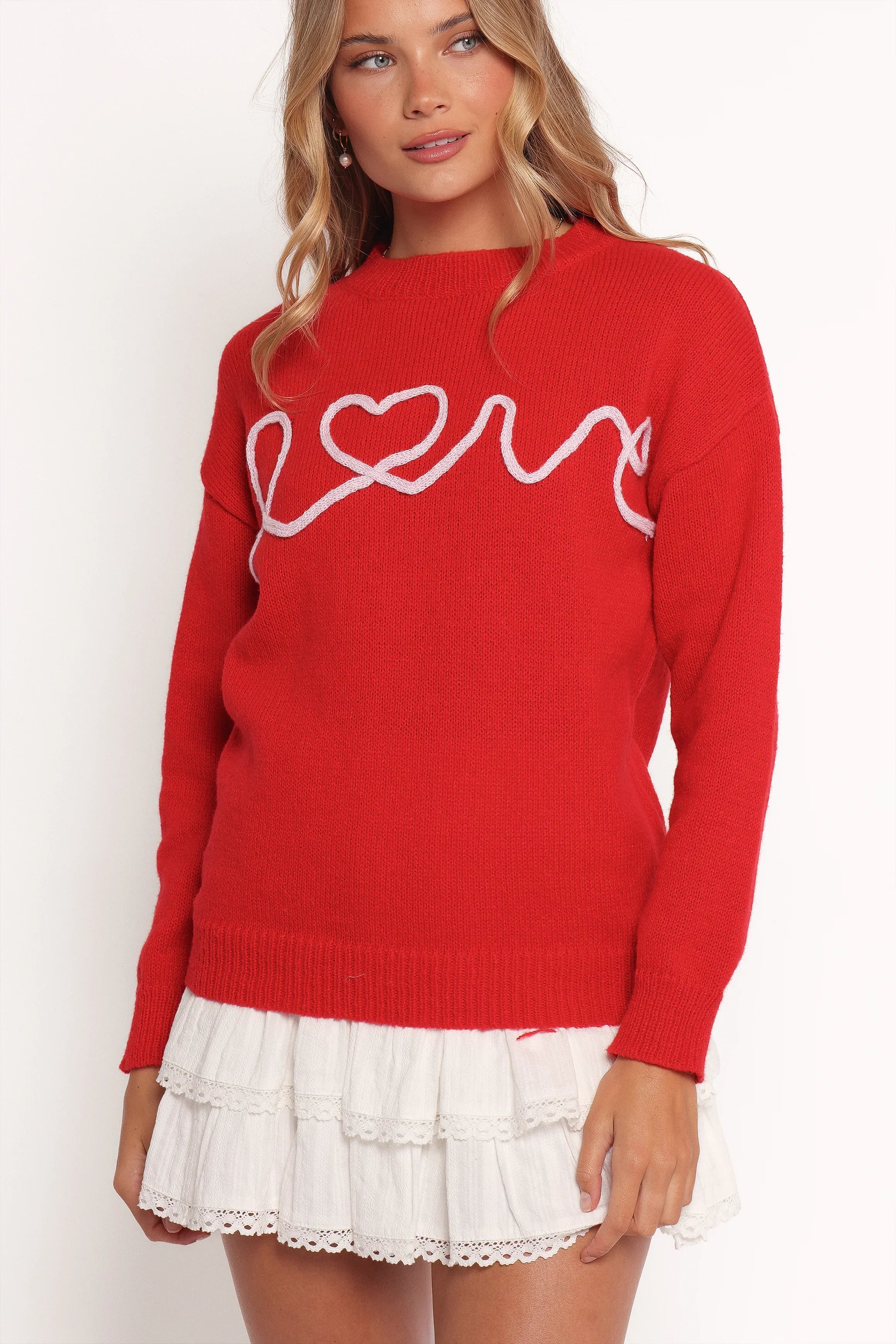 Love Embroidered Knit Sweater Red