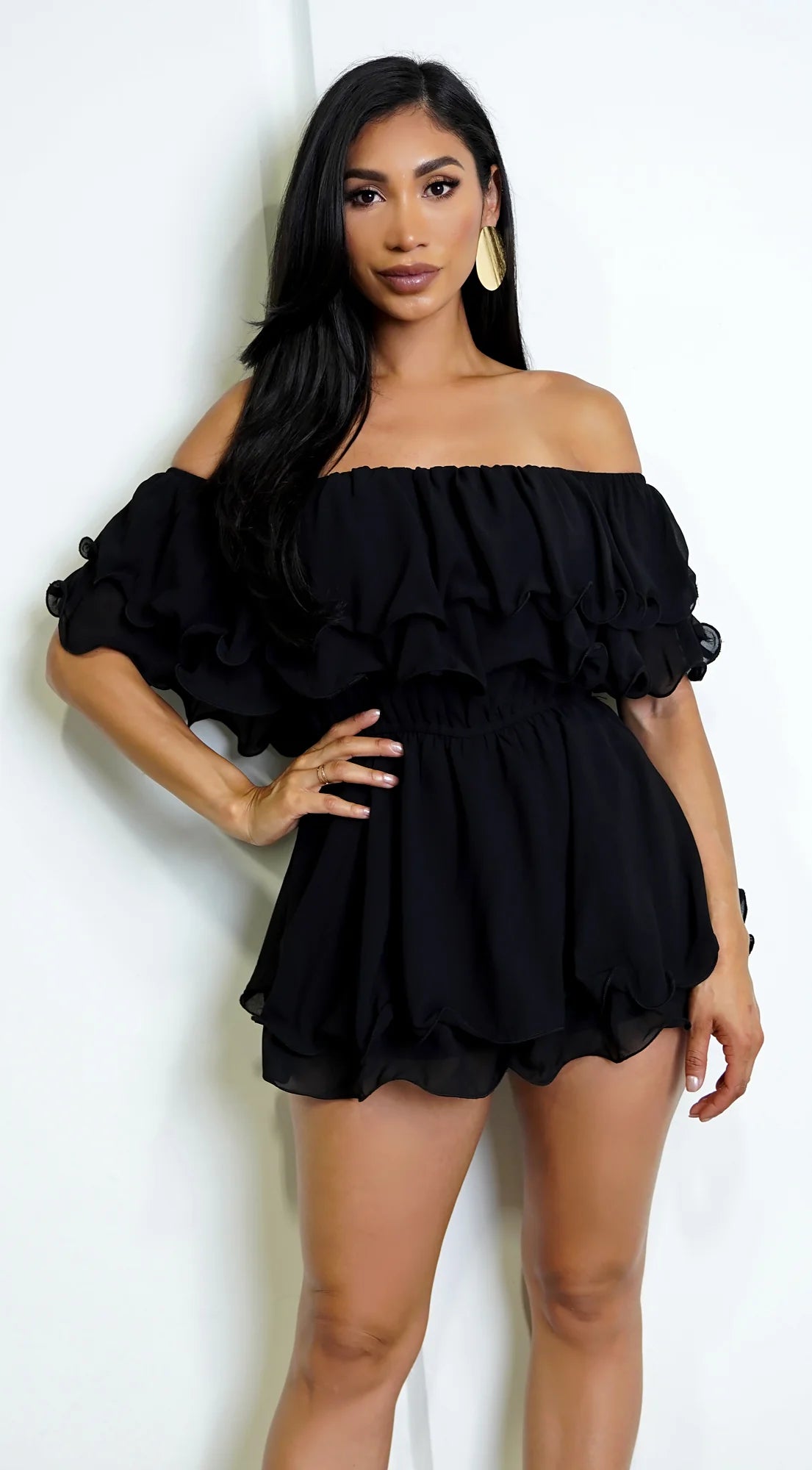 Karli Off Shoulder Ruffled Romper Black