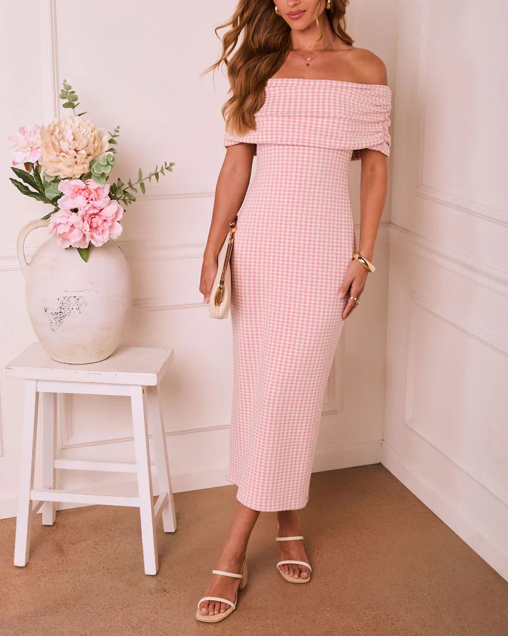 Brendah Knit Off The Shoulder Gingham Print Midi Dress