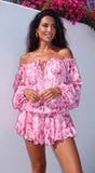 Romanella Peony Floral Off Shoulder Mini Dress Pink