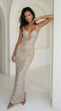 Celestara Rhinestone Cutout Maxi Dress Beige