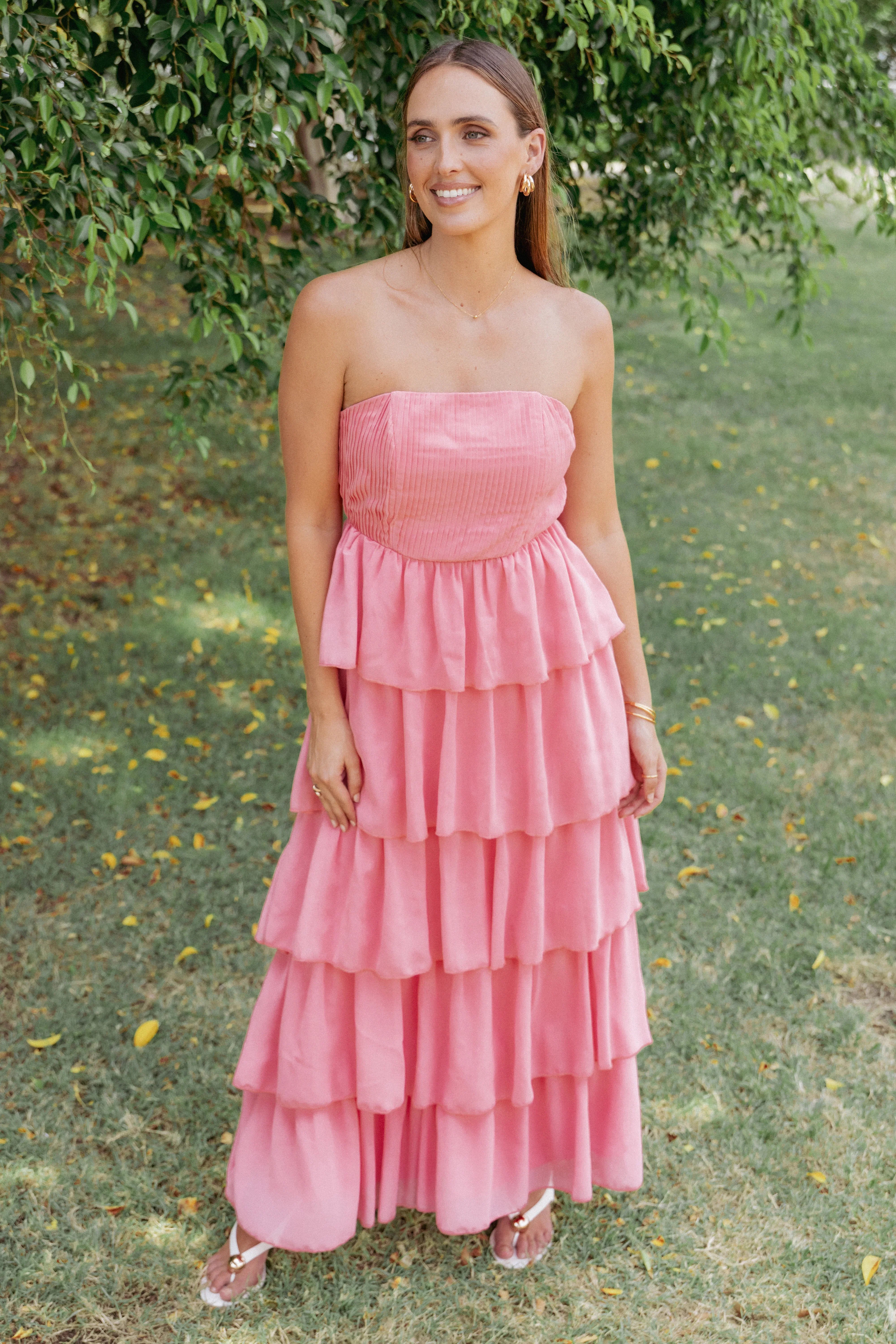 Peachester Strapless Maxi Dress Coral