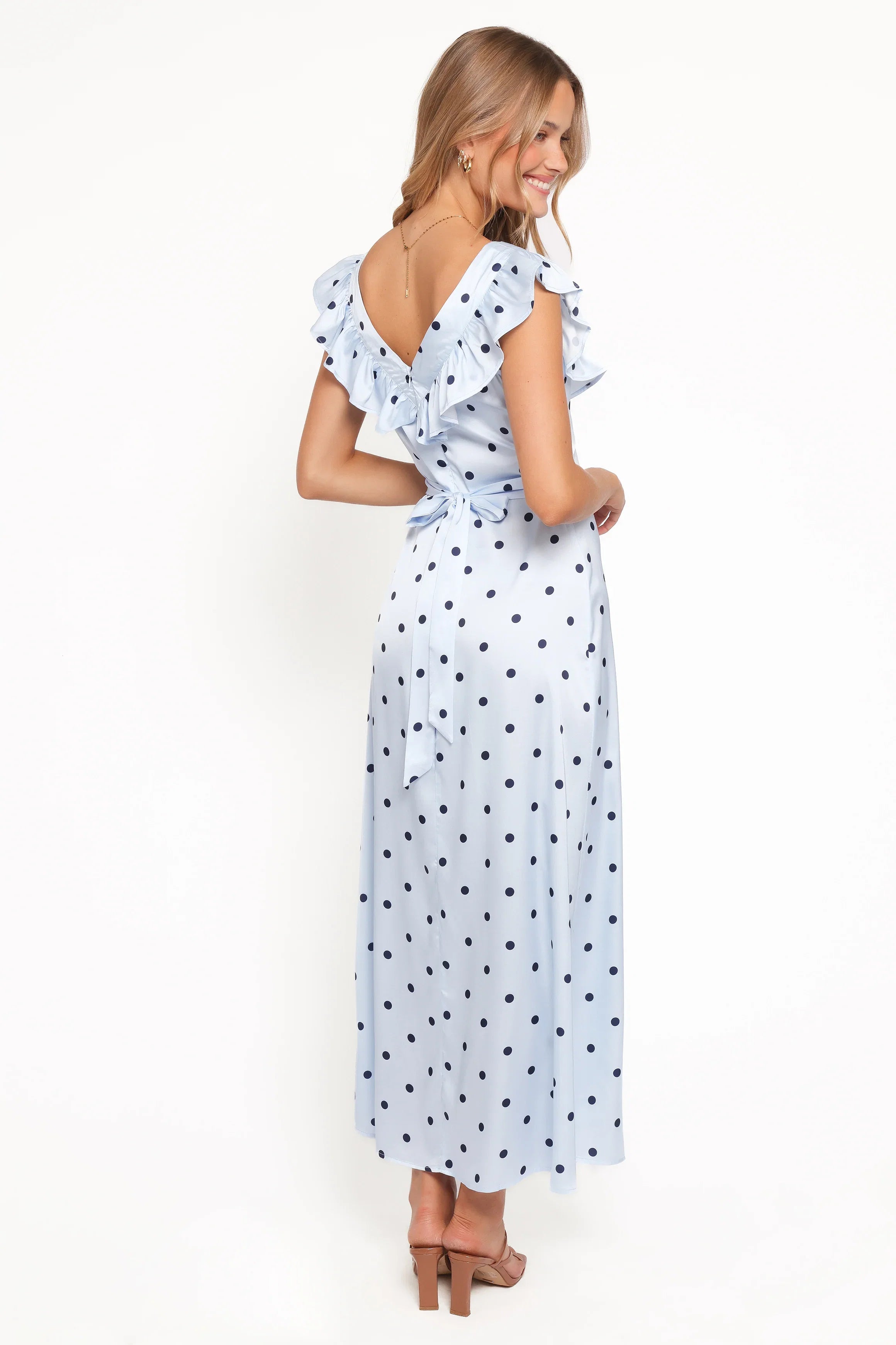 Manaris Off Shoulder Maxi Dress Blue Polka Dot