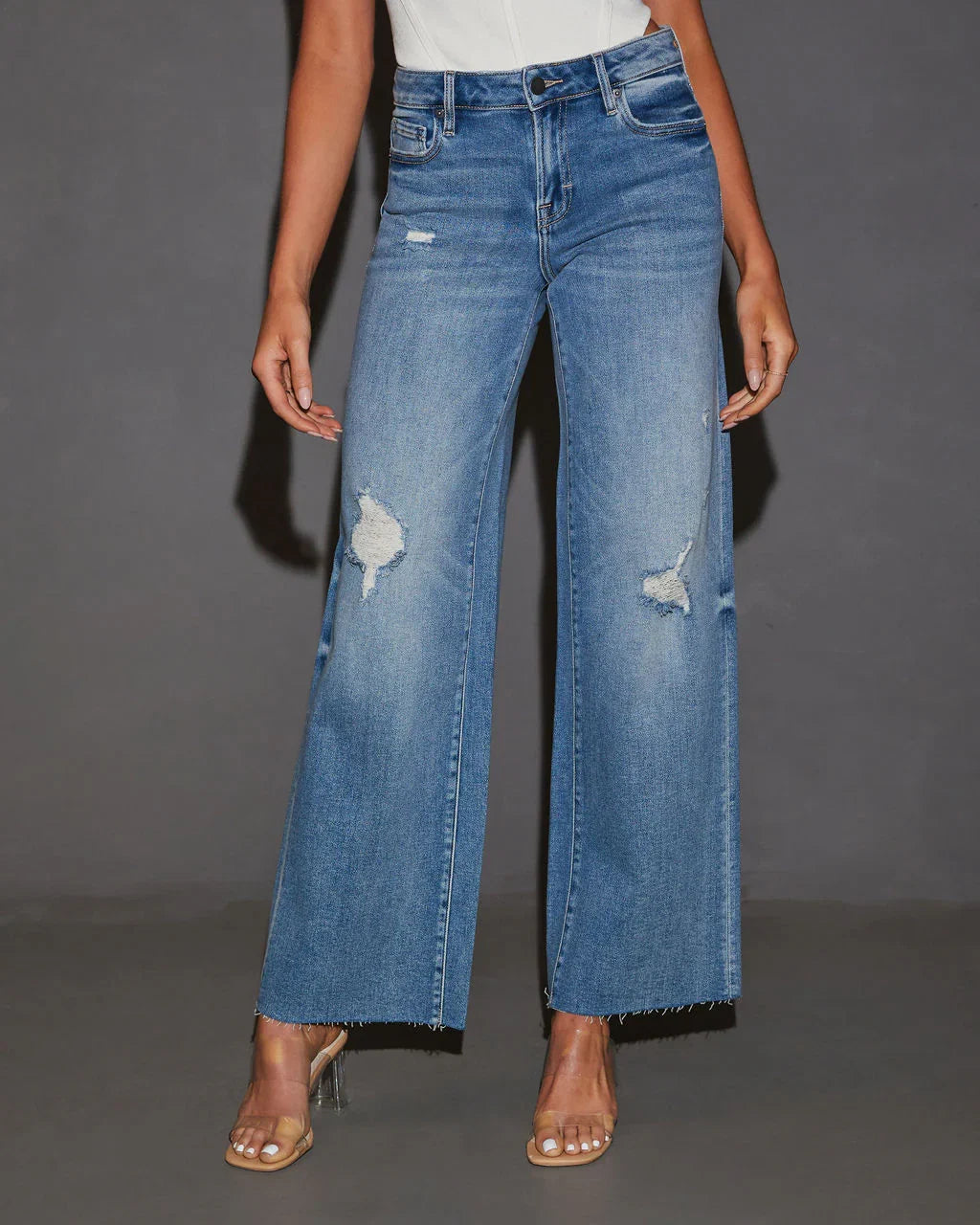 Cooper Super Stretch High Rise Wide Leg Distressed Jeans