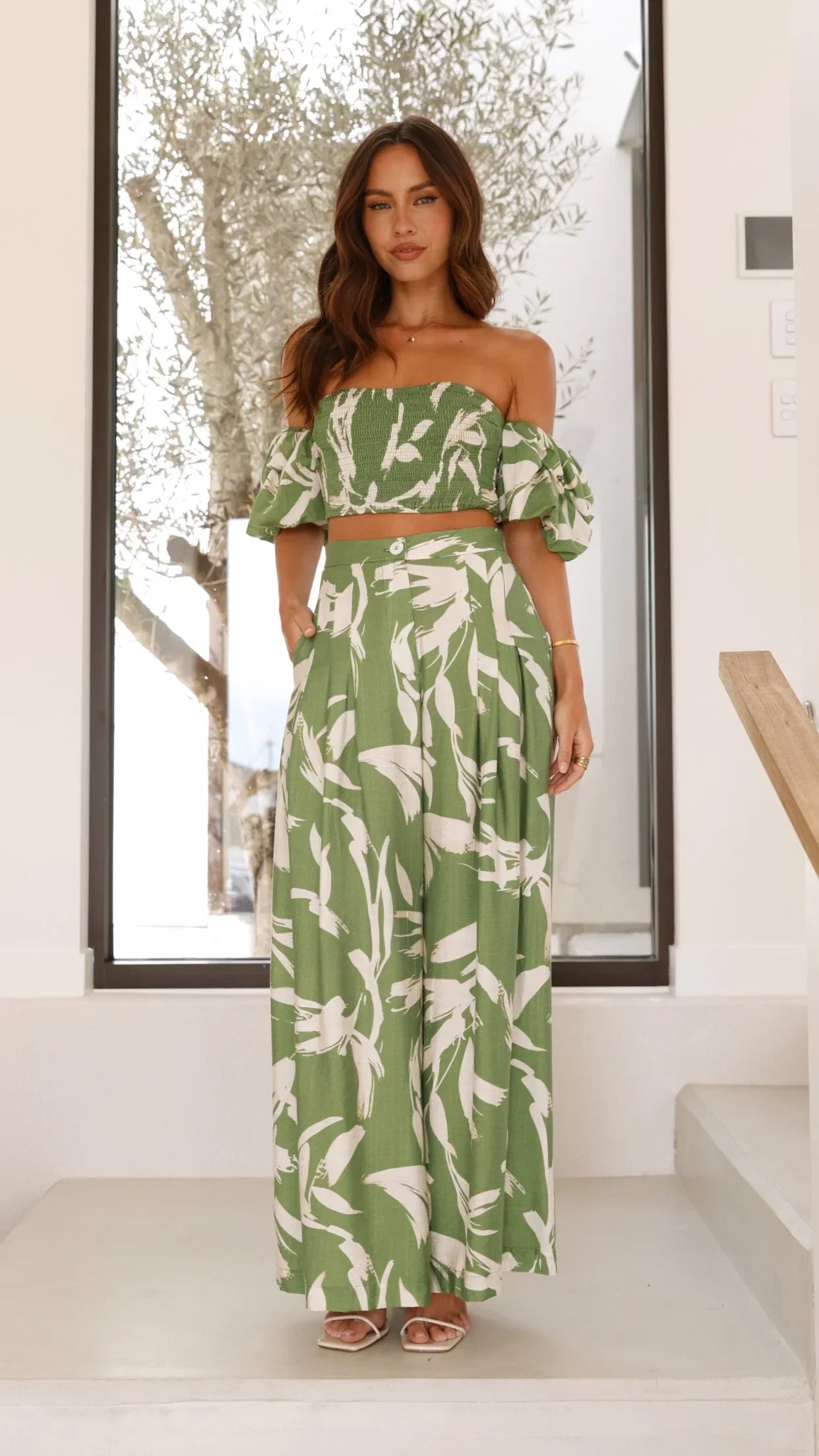 Callison Crop Top and Pants Set Green Print