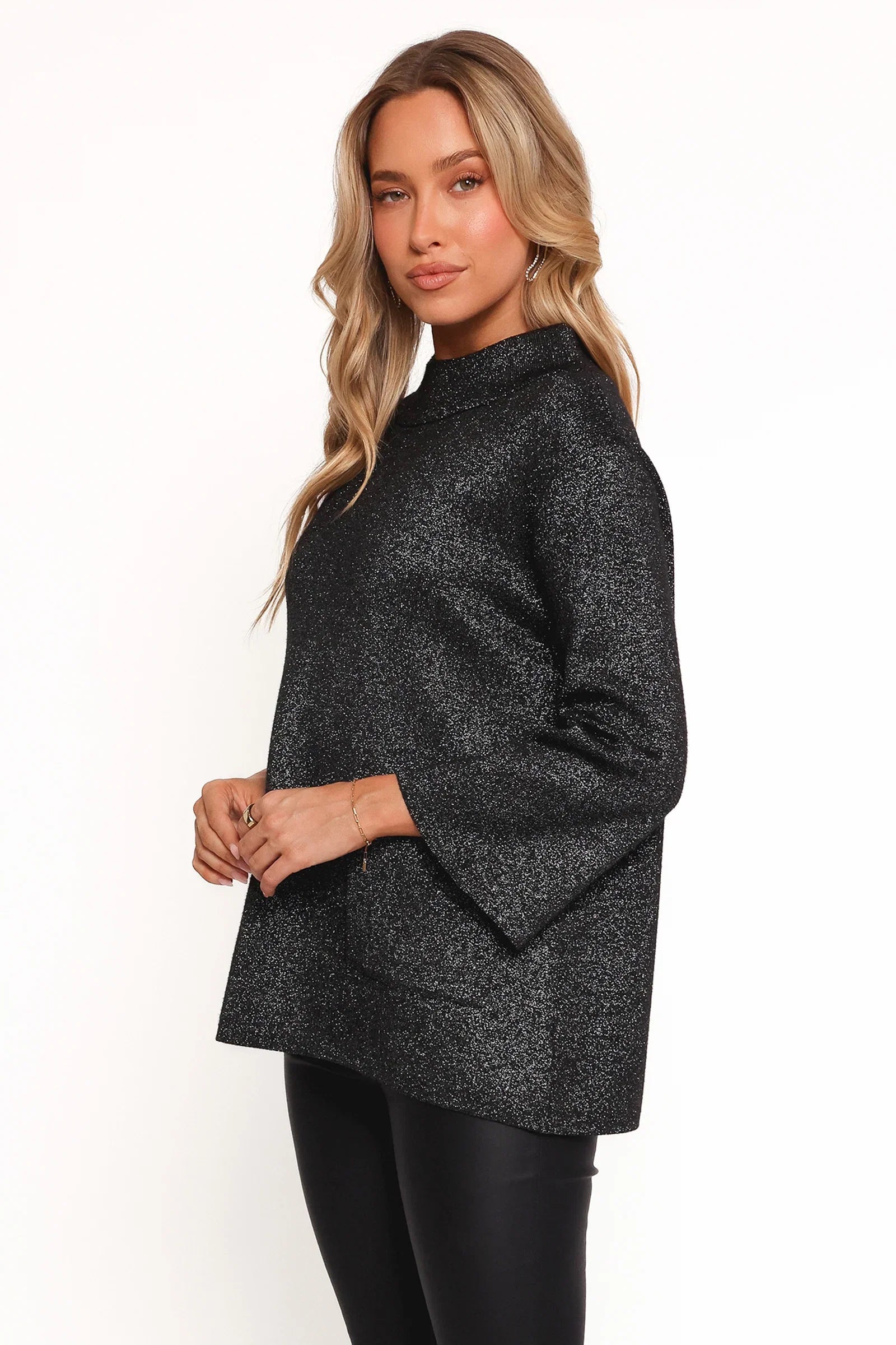 Tassie Cowlneck Lurex Shimmer Knit Sweater Black