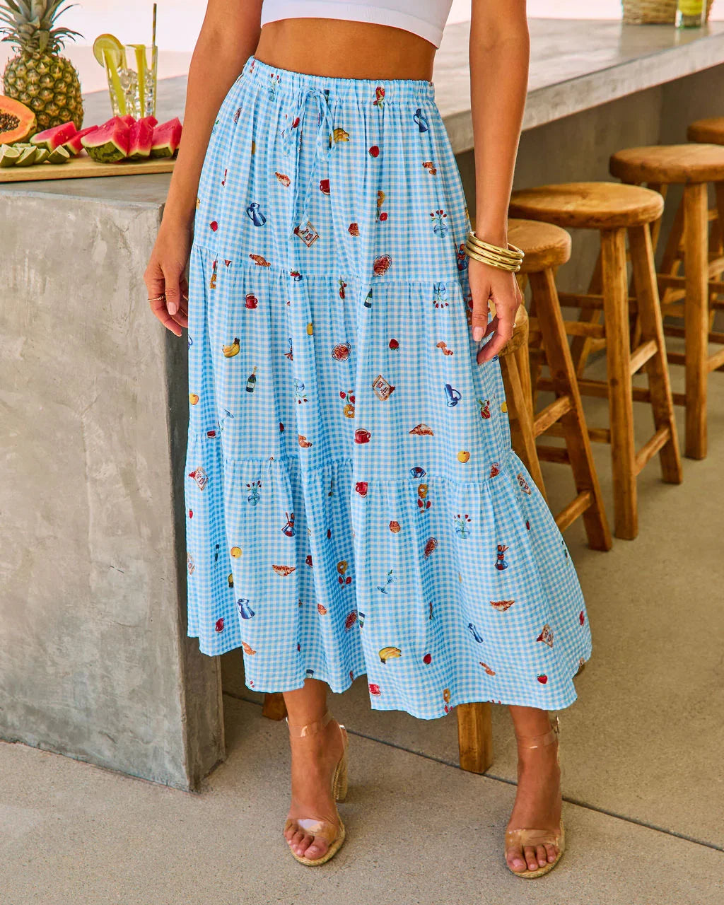 Sun Pop Gingham Novelty Print Midi Skirt