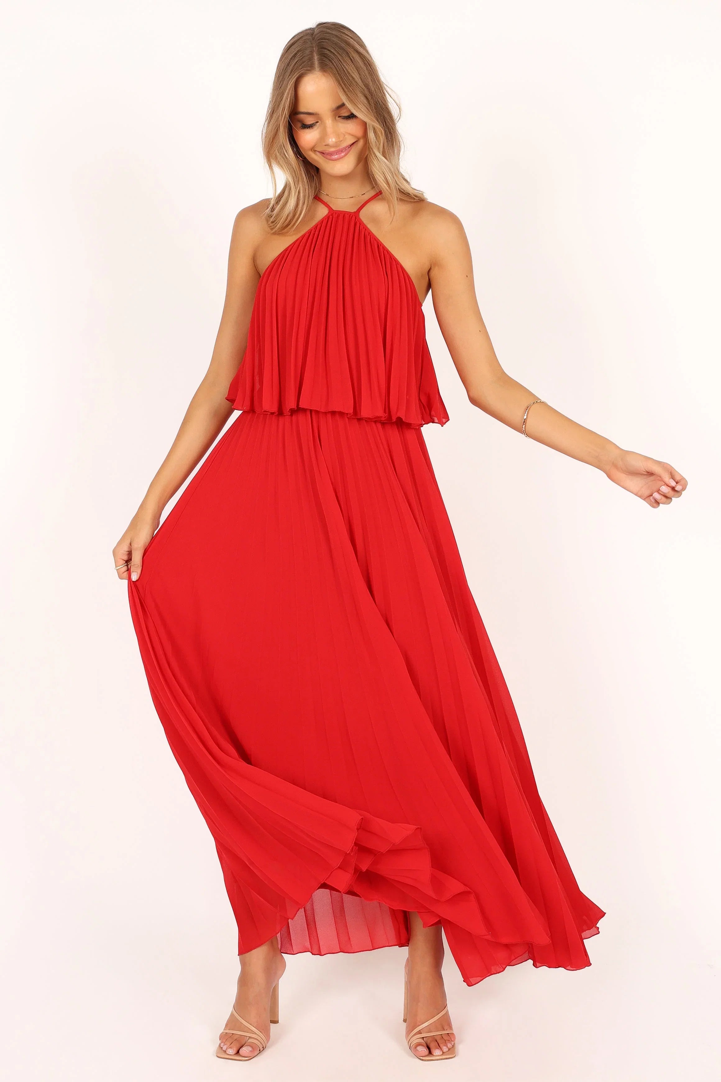 Gia Pleated Halterneck Maxi Dress Red