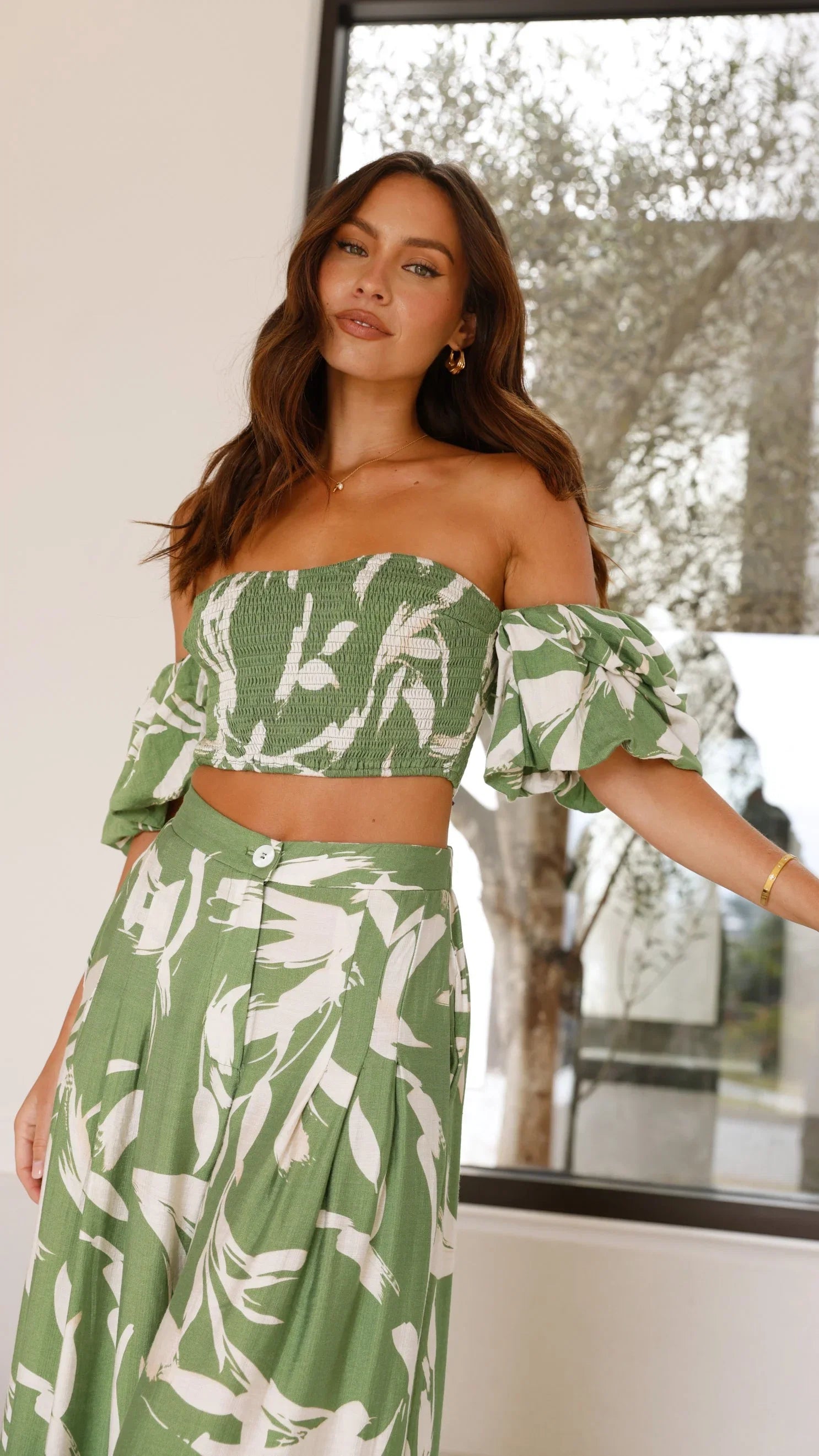 Callison Crop Top and Pants Set Green Print