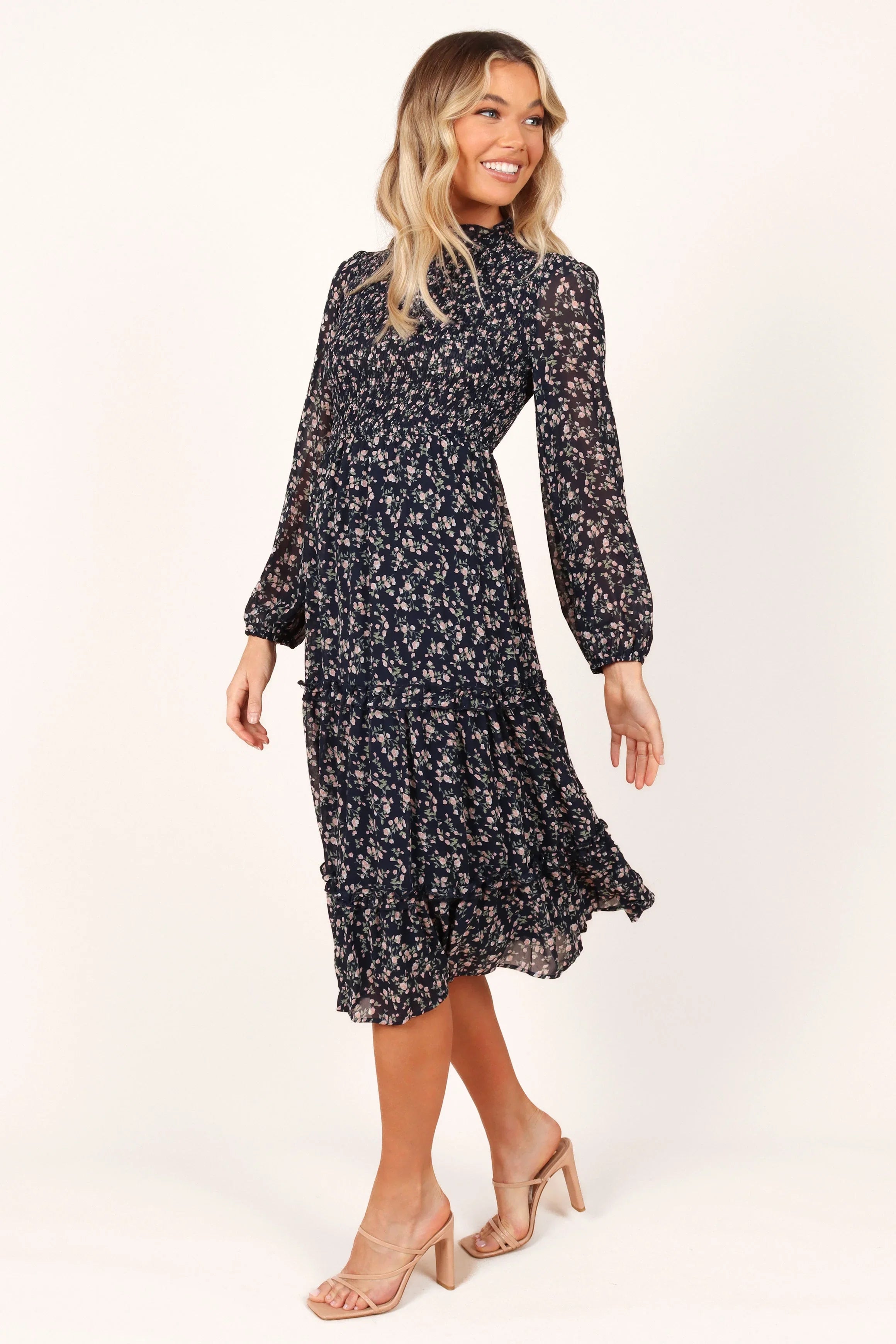 Edwina Shirred Frill Long Sleeve Midi Dress Navy Floral