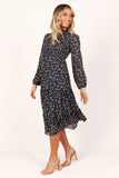 Edwina Shirred Frill Long Sleeve Midi Dress Navy Floral