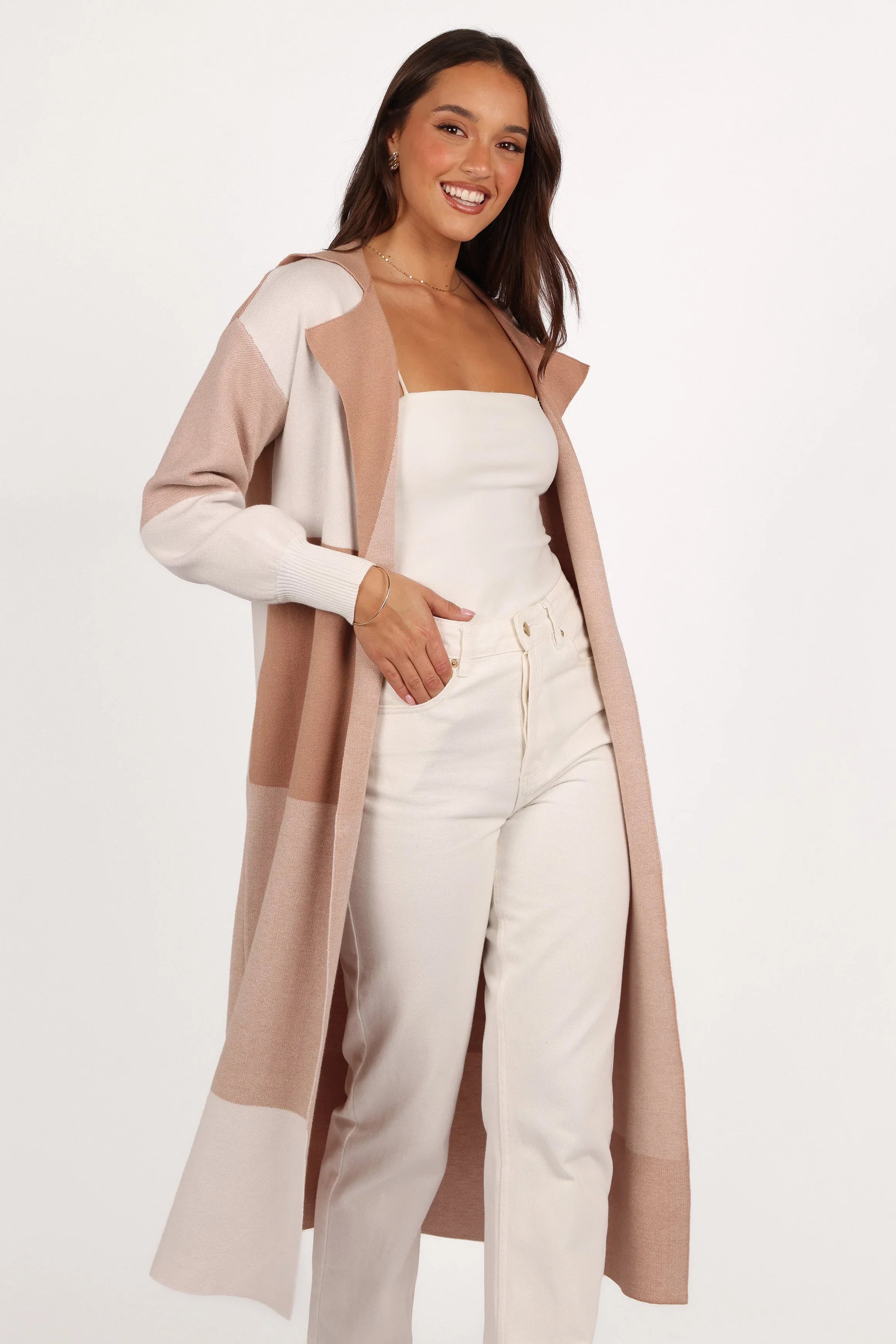 Kingston Large Check Long Cardigan Beige Check