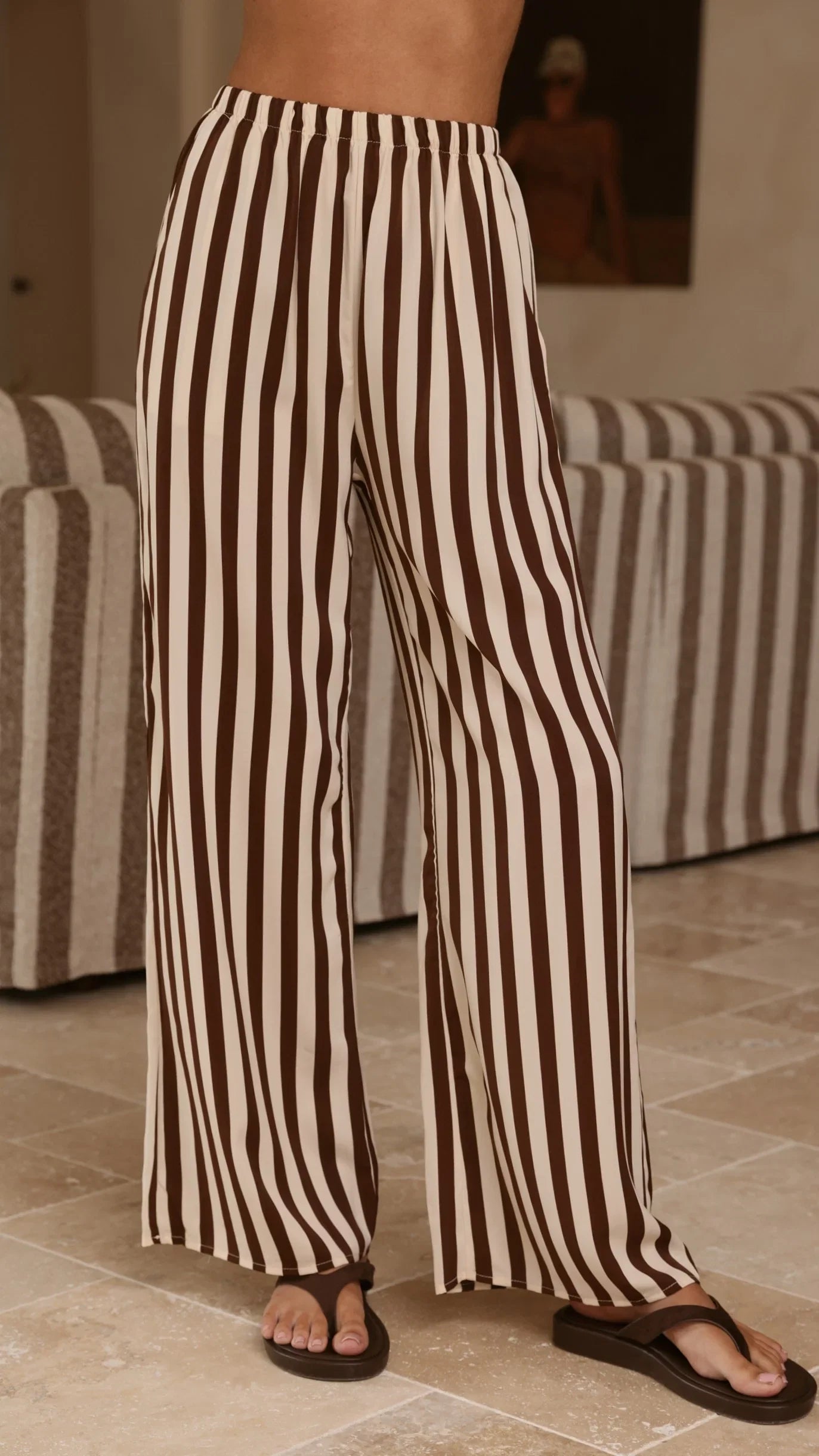 Liana Off Shoulder Top Pants Set Brown Stripe