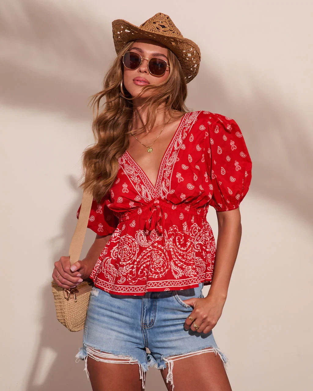 Kinslee Plunging Neckline Paisley Bandana Print Peplum Top