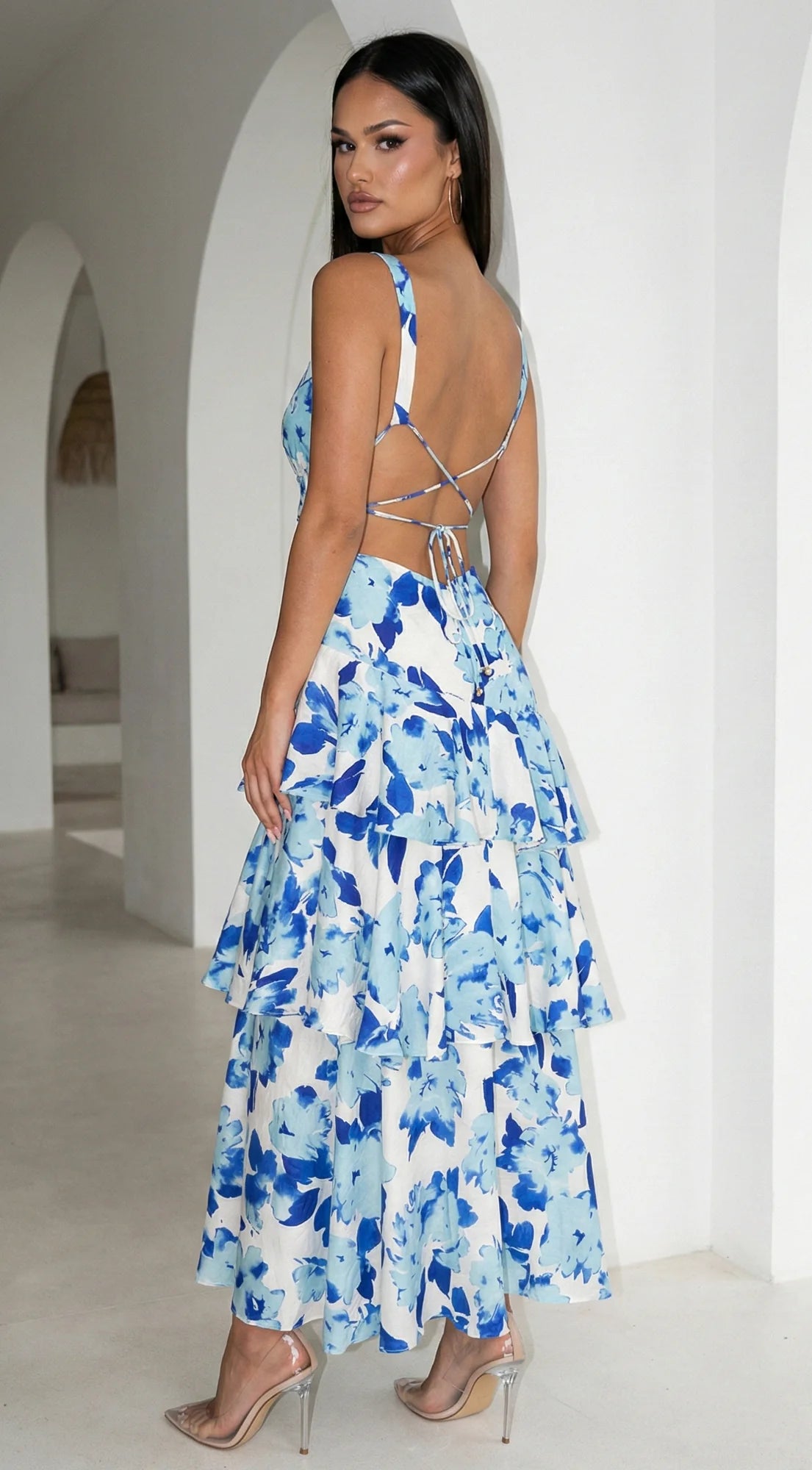 Aurelisse Floral Ruffled Maxi Dress Floral Blue