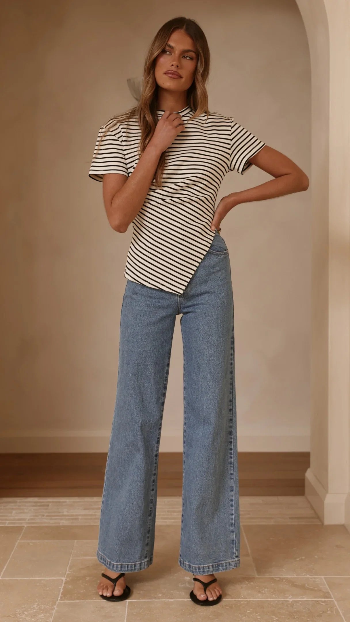 Tiarna Side Ruched Tee Black White Stripe