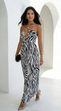 Noemiya Zebra Pleated Halter Maxi Dress White