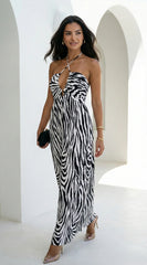 Noemiya Zebra Pleated Halter Maxi Dress White