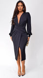 Natasa Long Sleeve Wrap Midi Dress Black