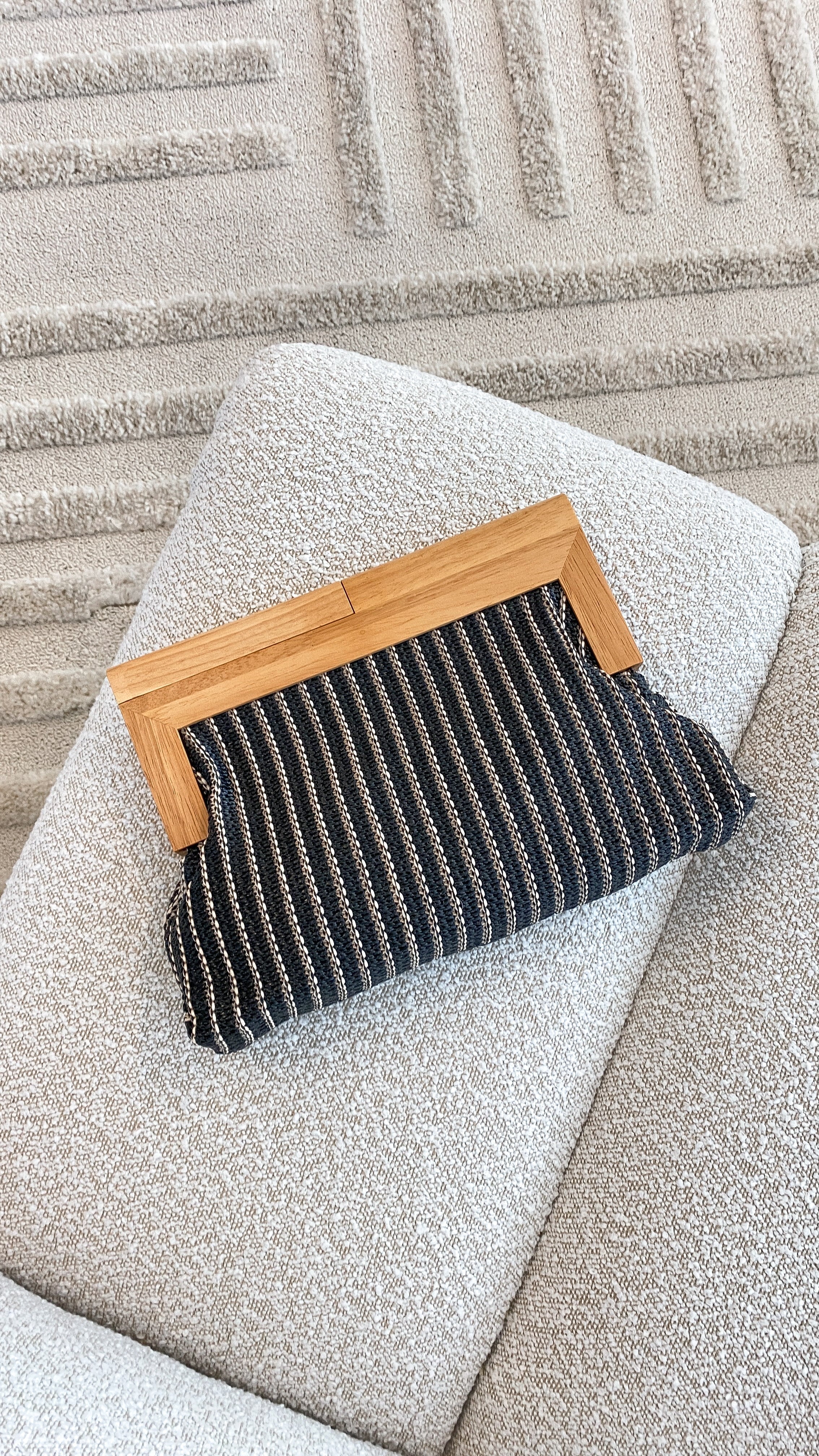 Zoey Thin Stripe Timber Frame Clutch Black
