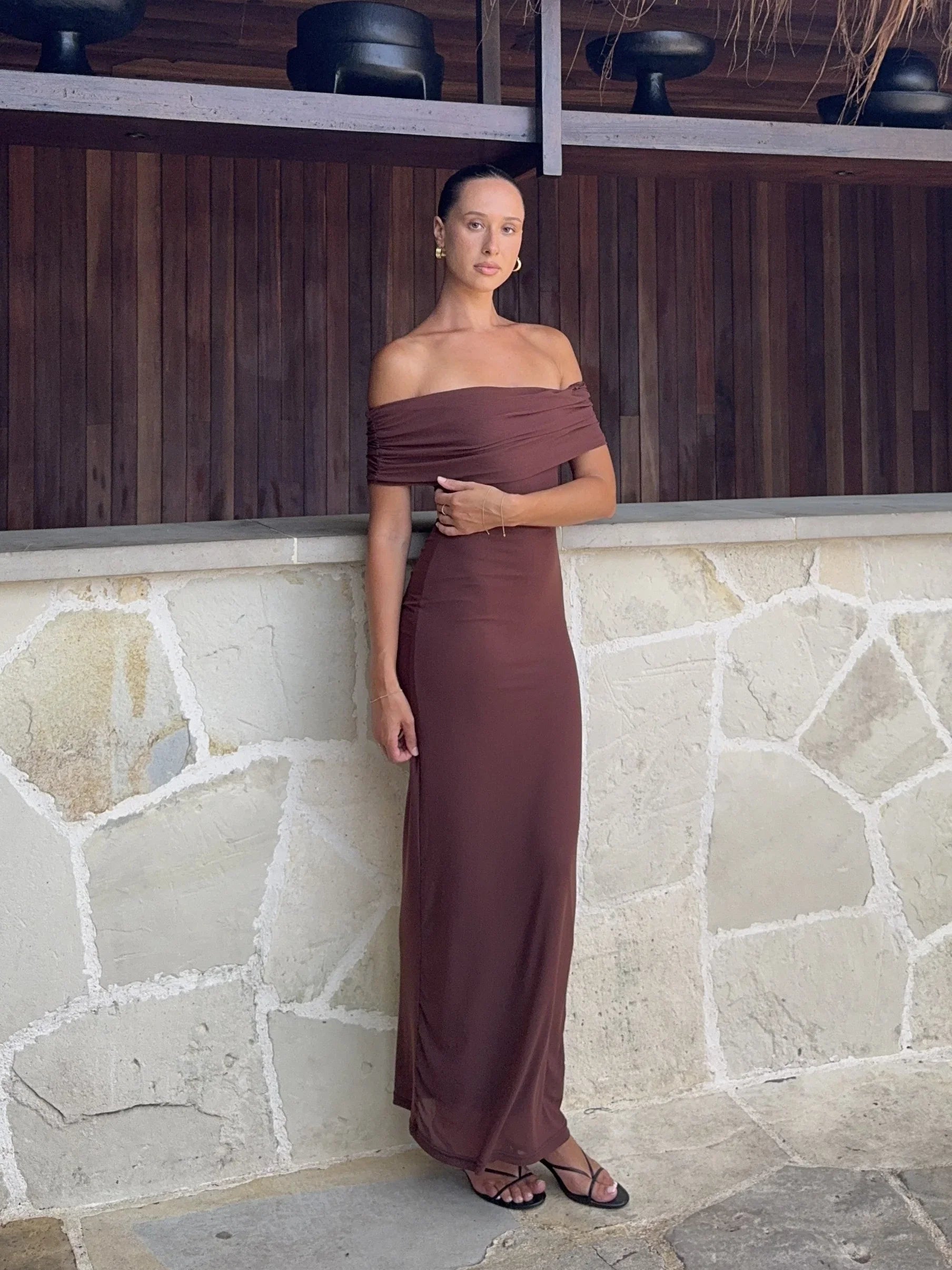 Darcey Off Shoulder Maxi Dress Brown