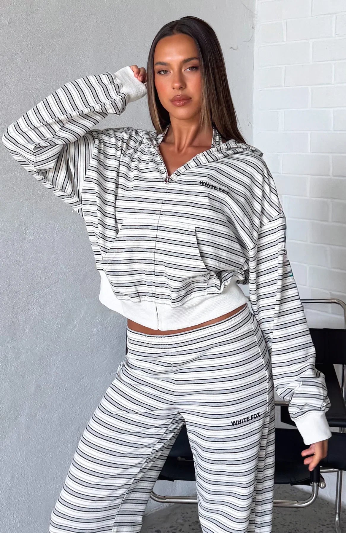 Looking Back Boxy Zip Front Hoodie White Stripe