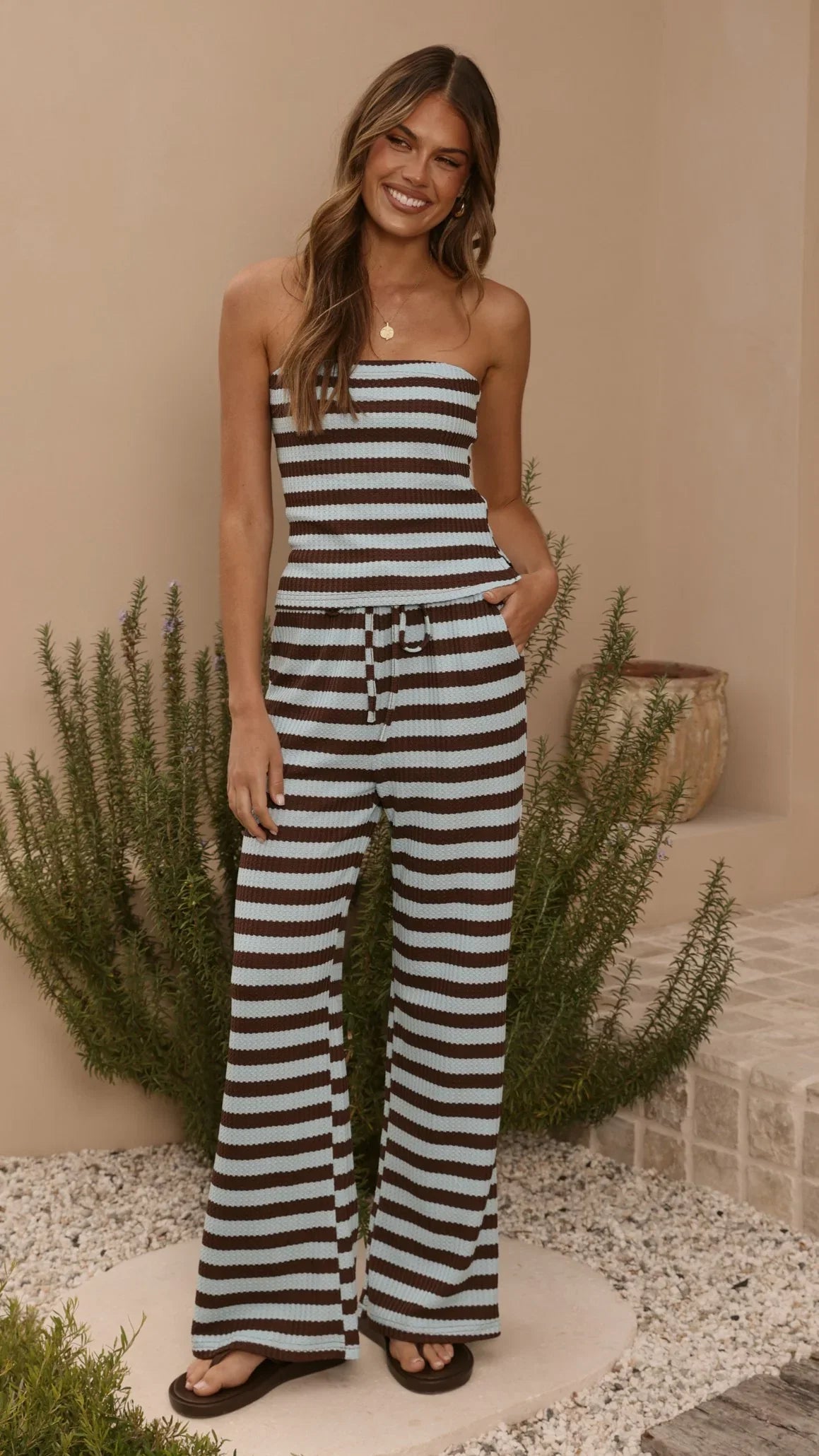 Milla Strapless Top Pants Set Brown Blue Stripe