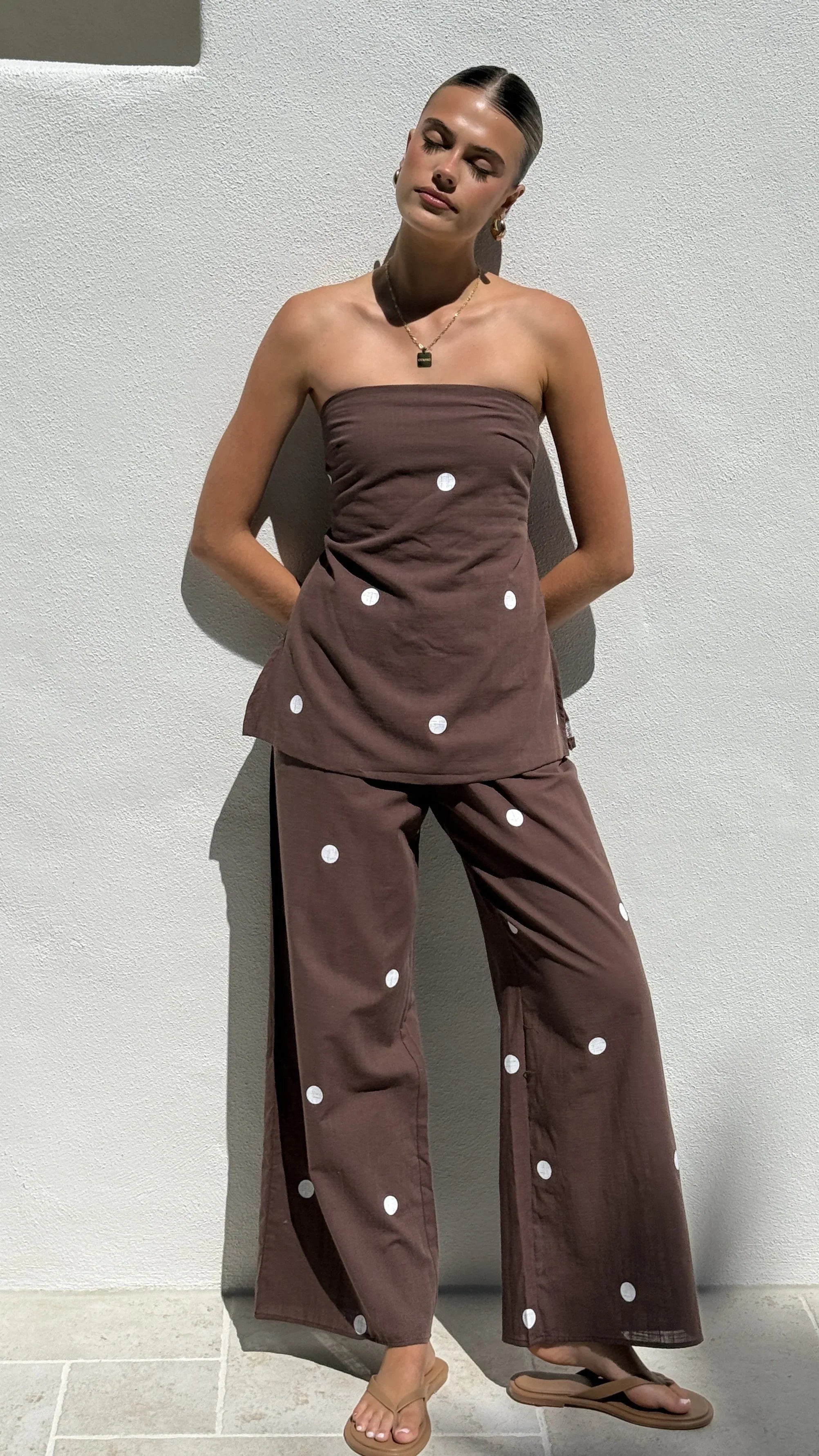 Kailani Strapless Top and Pants Set Chocolate White Polka Dot