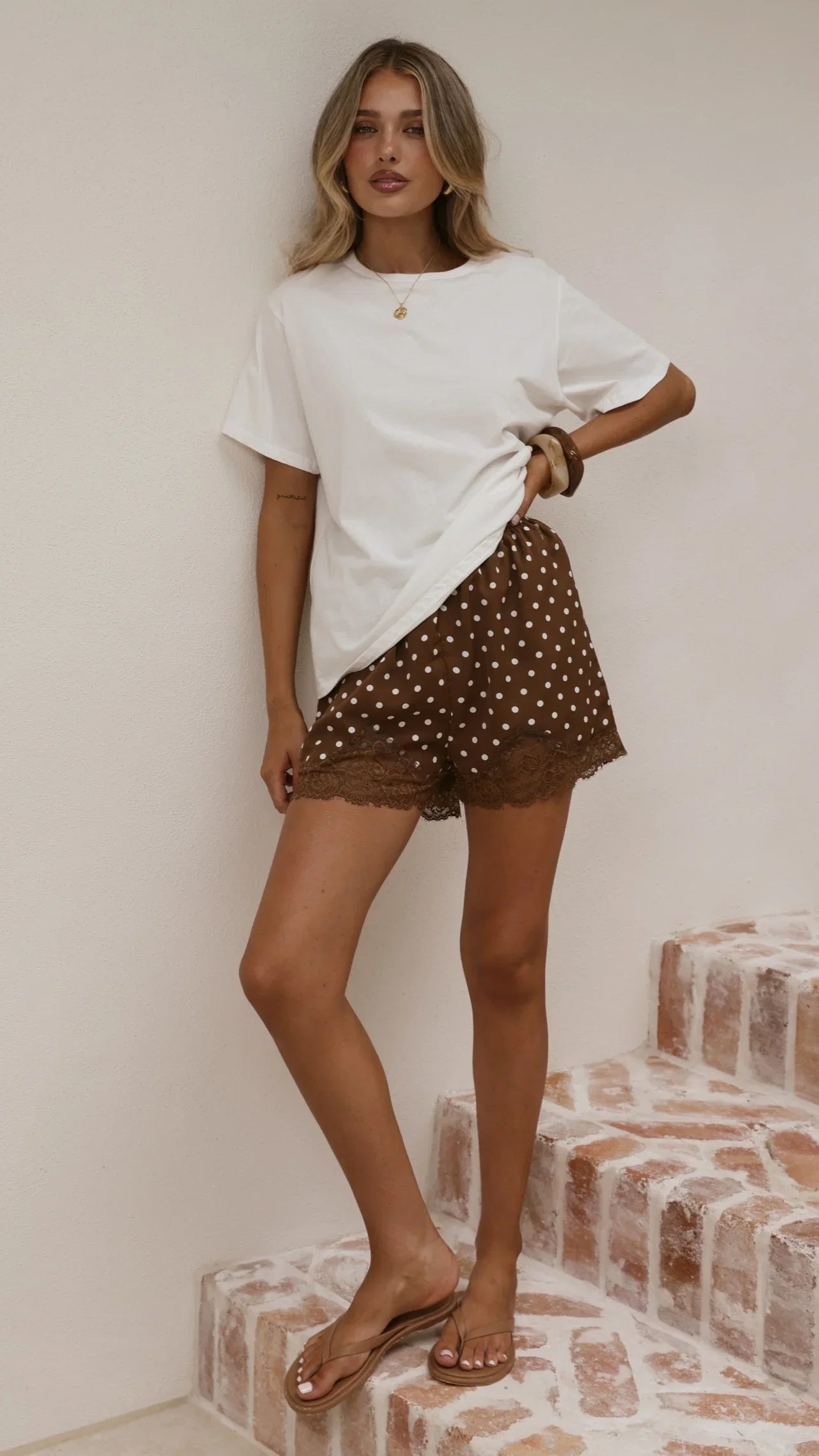 Makoa Lace Shorts Choc White Polka