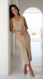 Nela Button Front Ribbed Knit Midi Dress Beige