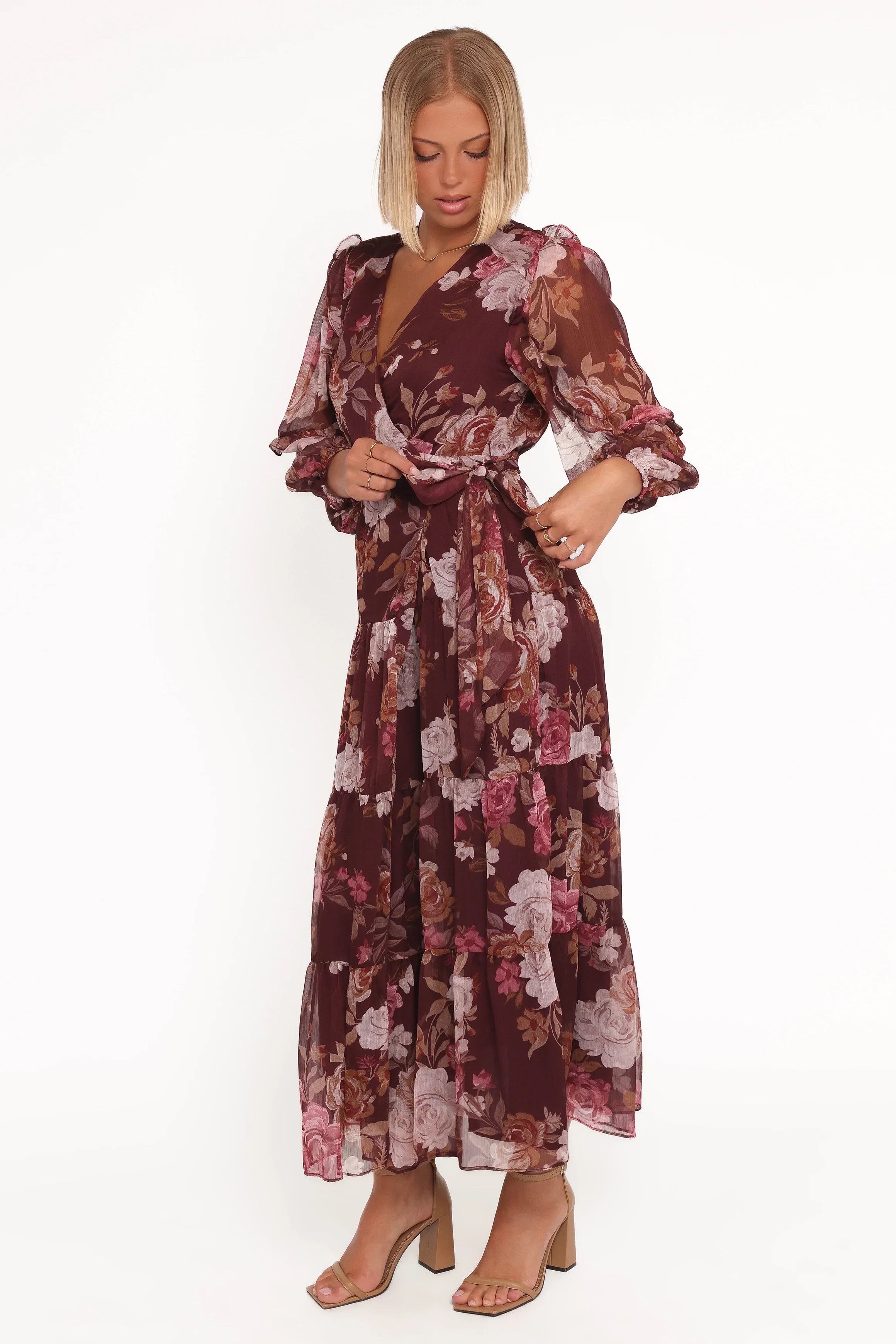 Korina Long Sleeve Maxi Dress Burgundy Brandy Bloom